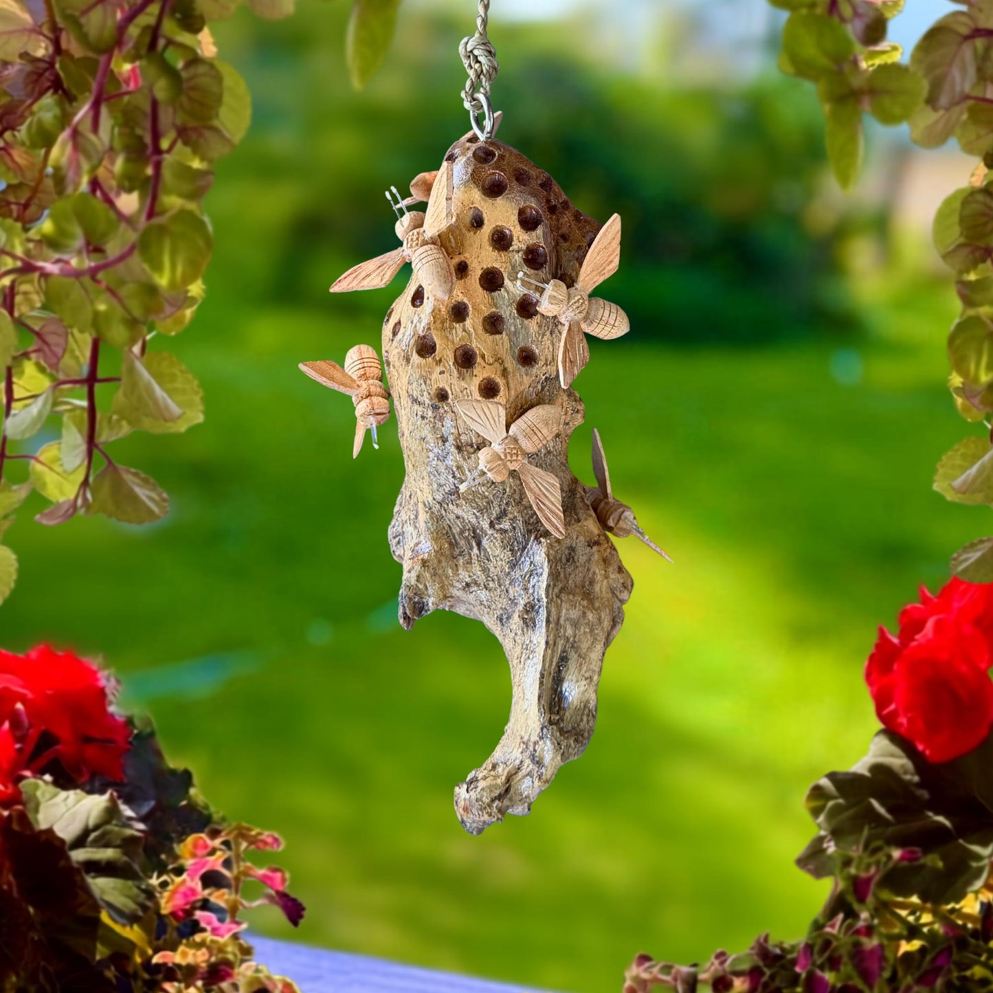 Honey Bee Honeycomb Carved Hanging Mobile - Balinese Parasite Mushroom Wood Honeybee Carving