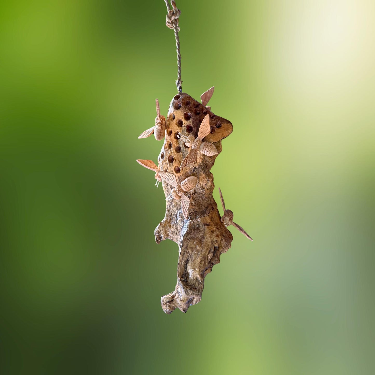 Honey Bee Honeycomb Carved Hanging Mobile - Balinese Parasite Mushroom Wood Honeybee Carving