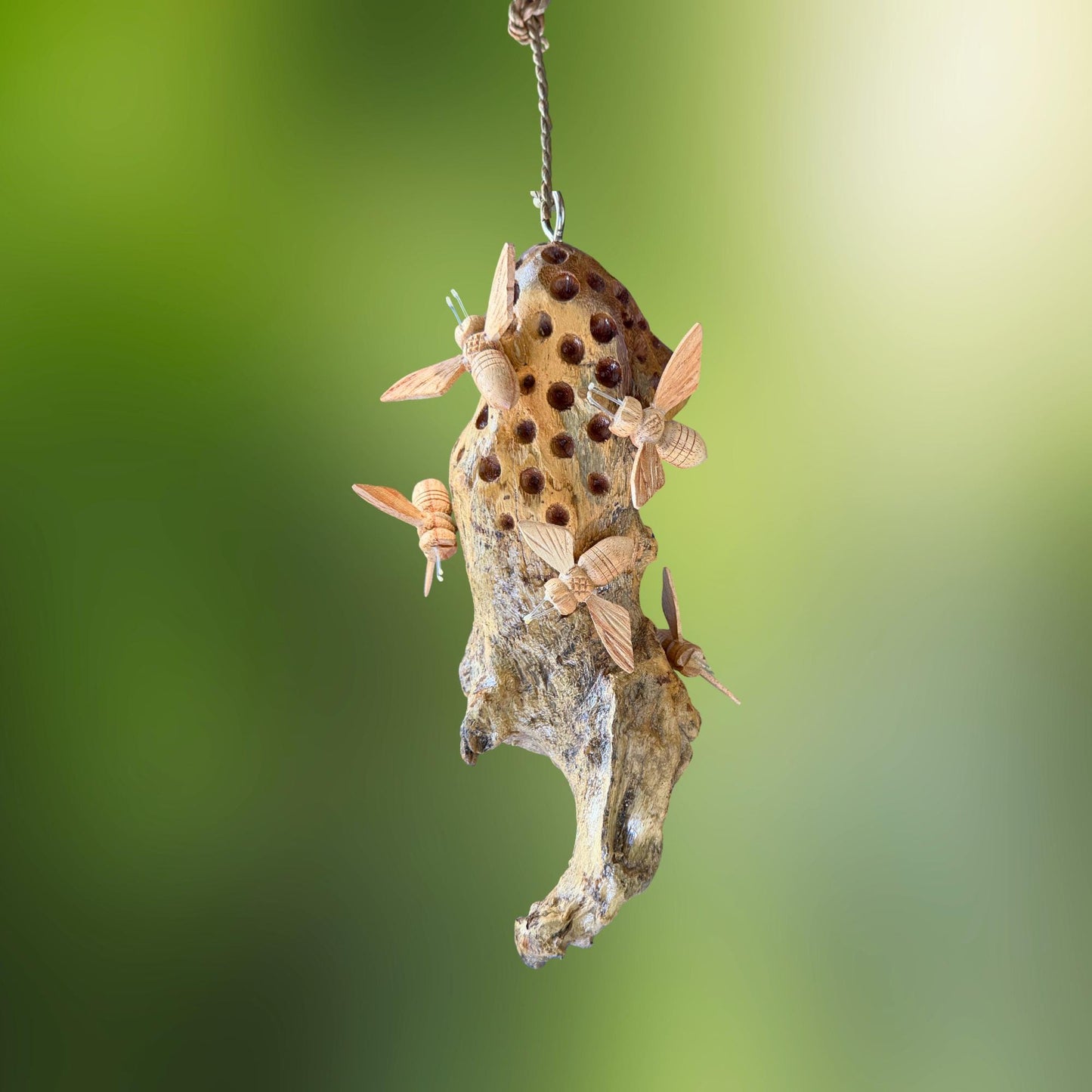 Honey Bee Honeycomb Carved Hanging Mobile - Balinese Parasite Mushroom Wood Honeybee Carving