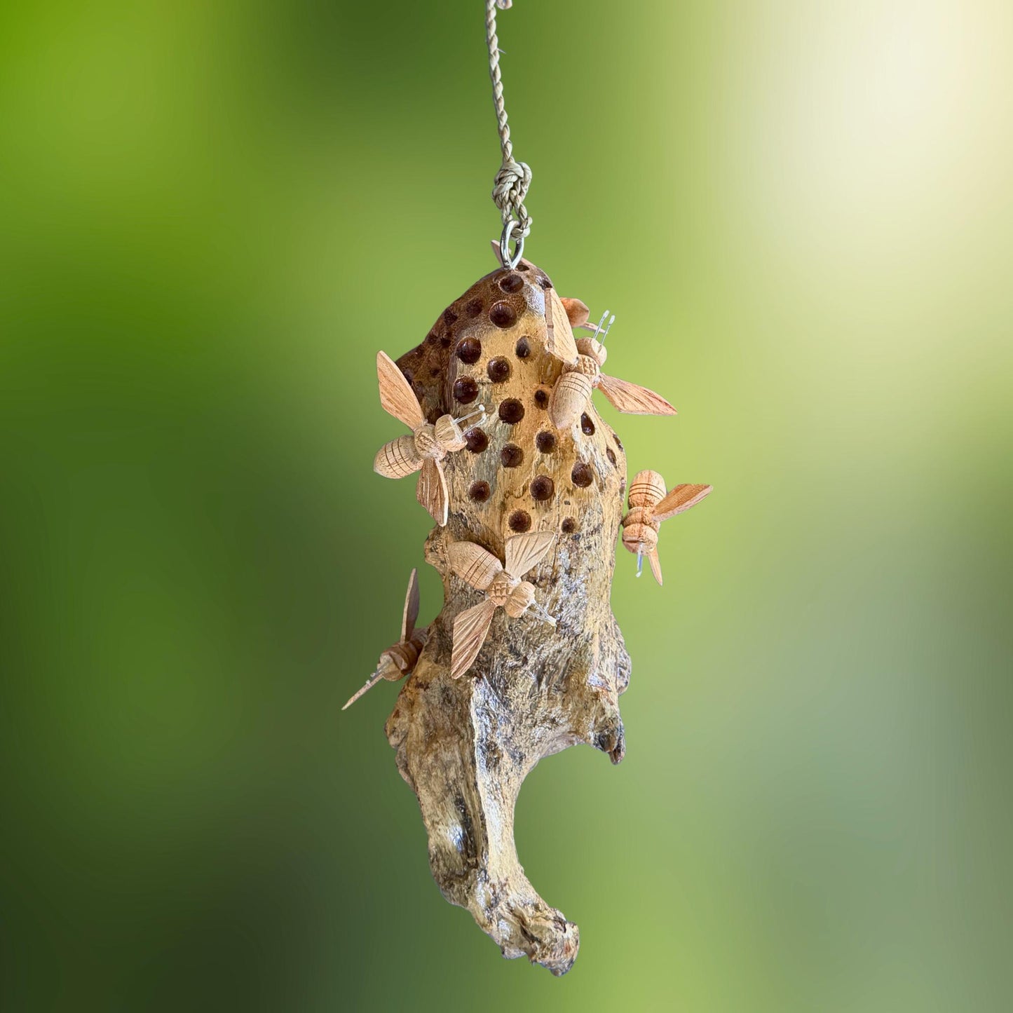 Honey Bee Honeycomb Carved Hanging Mobile - Balinese Parasite Mushroom Wood Honeybee Carving