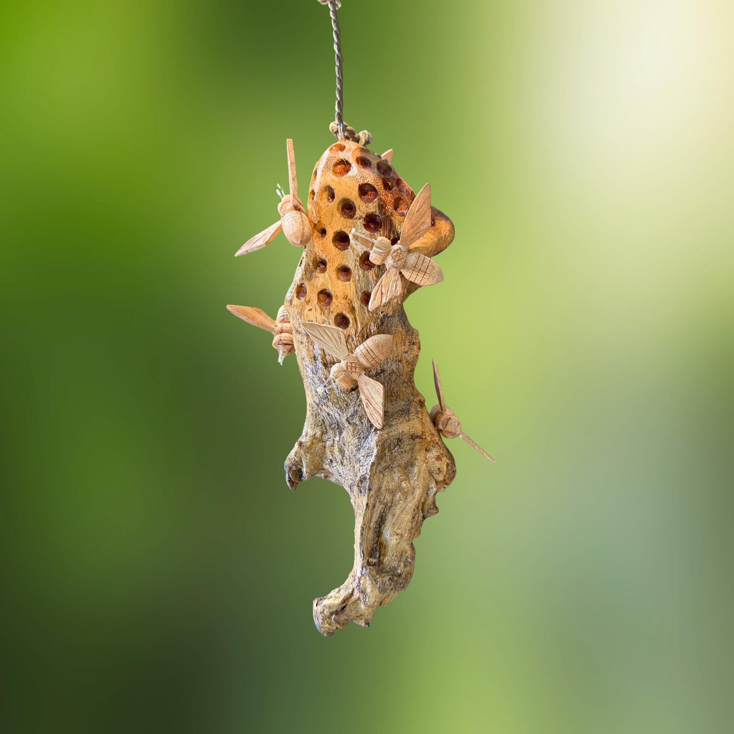 Honey Bee Honeycomb Carved Hanging Mobile - Balinese Parasite Mushroom Wood Honeybee Carving