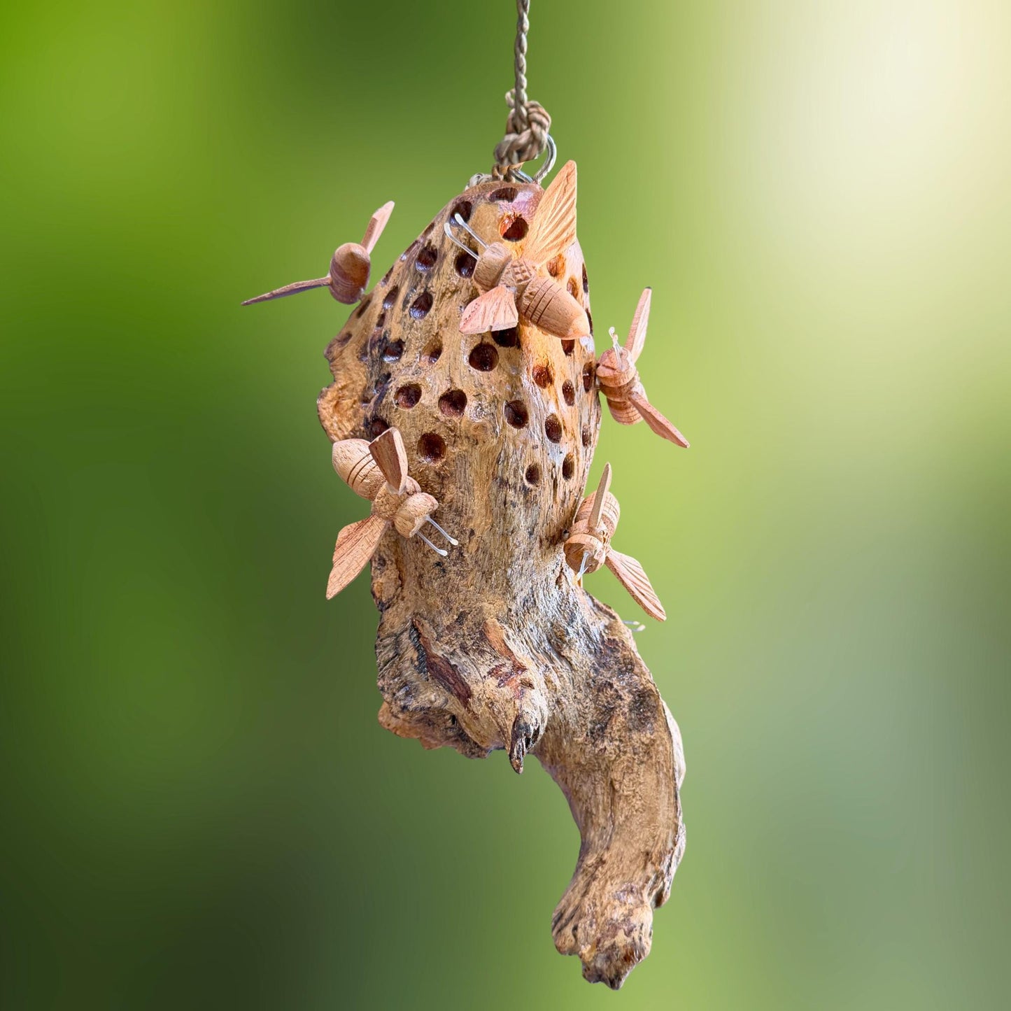 Honey Bee Honeycomb Carved Hanging Mobile - Balinese Parasite Mushroom Wood Honeybee Carving