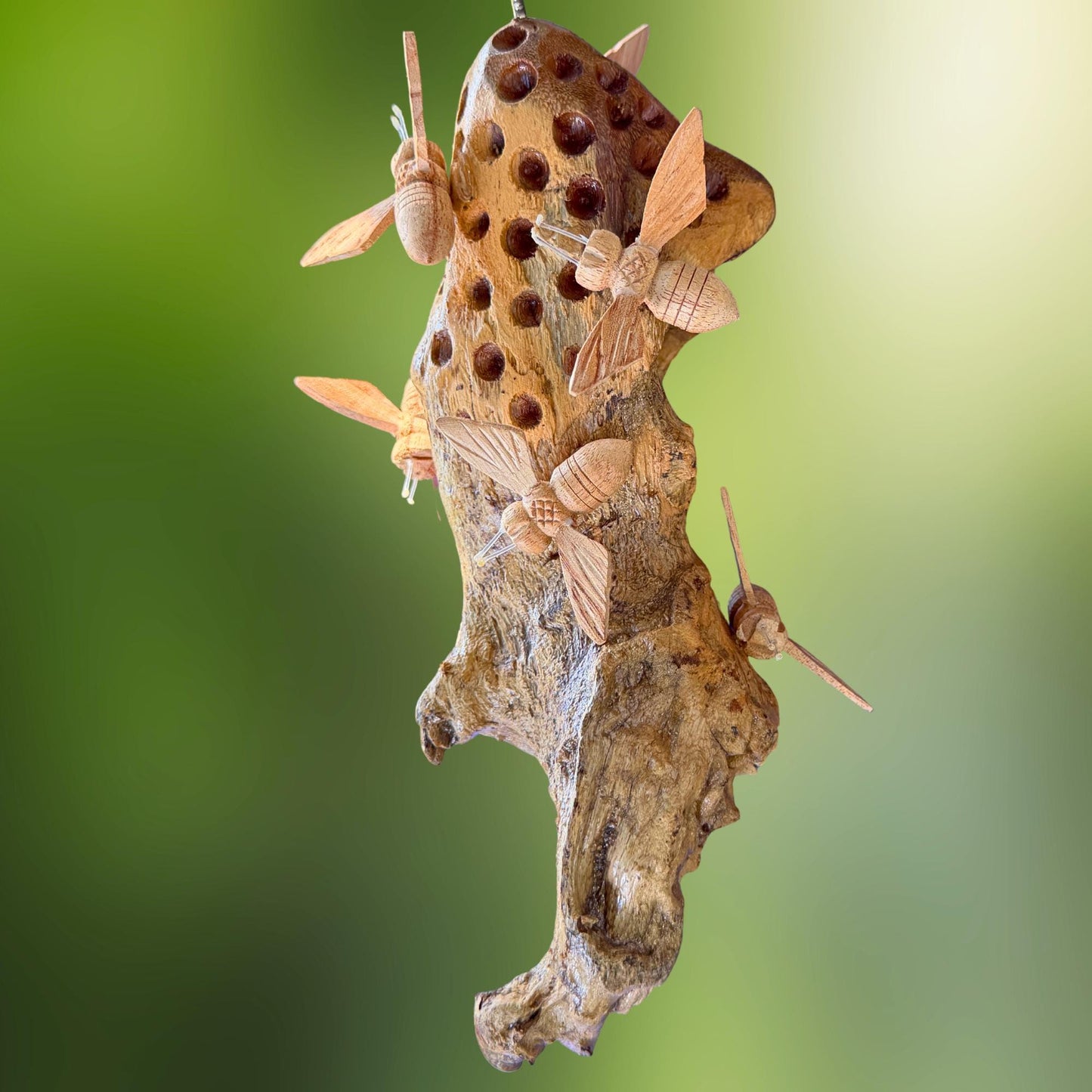 Honey Bee Honeycomb Carved Hanging Mobile - Balinese Parasite Mushroom Wood Honeybee Carving