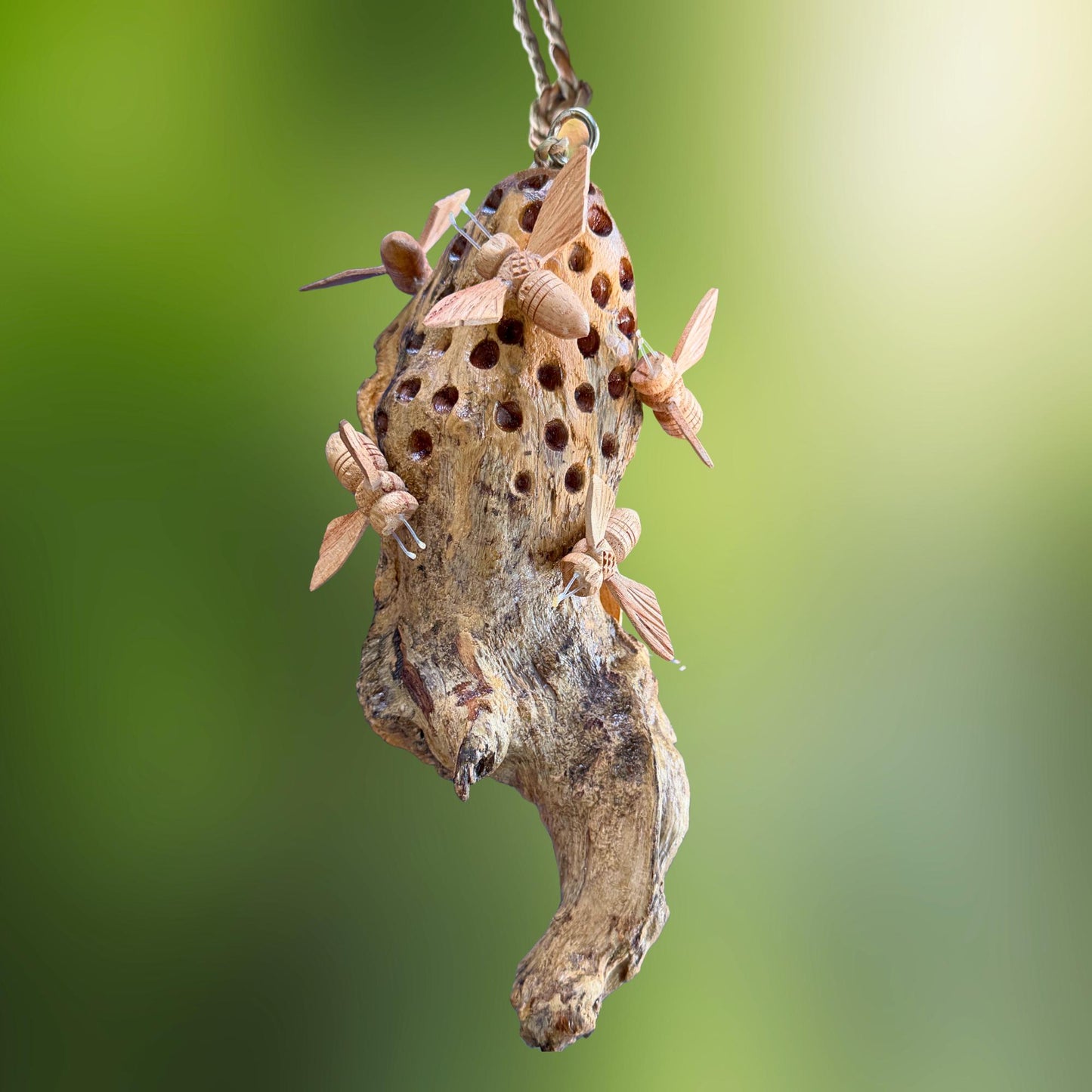 Honey Bee Honeycomb Carved Hanging Mobile - Balinese Parasite Mushroom Wood Honeybee Carving