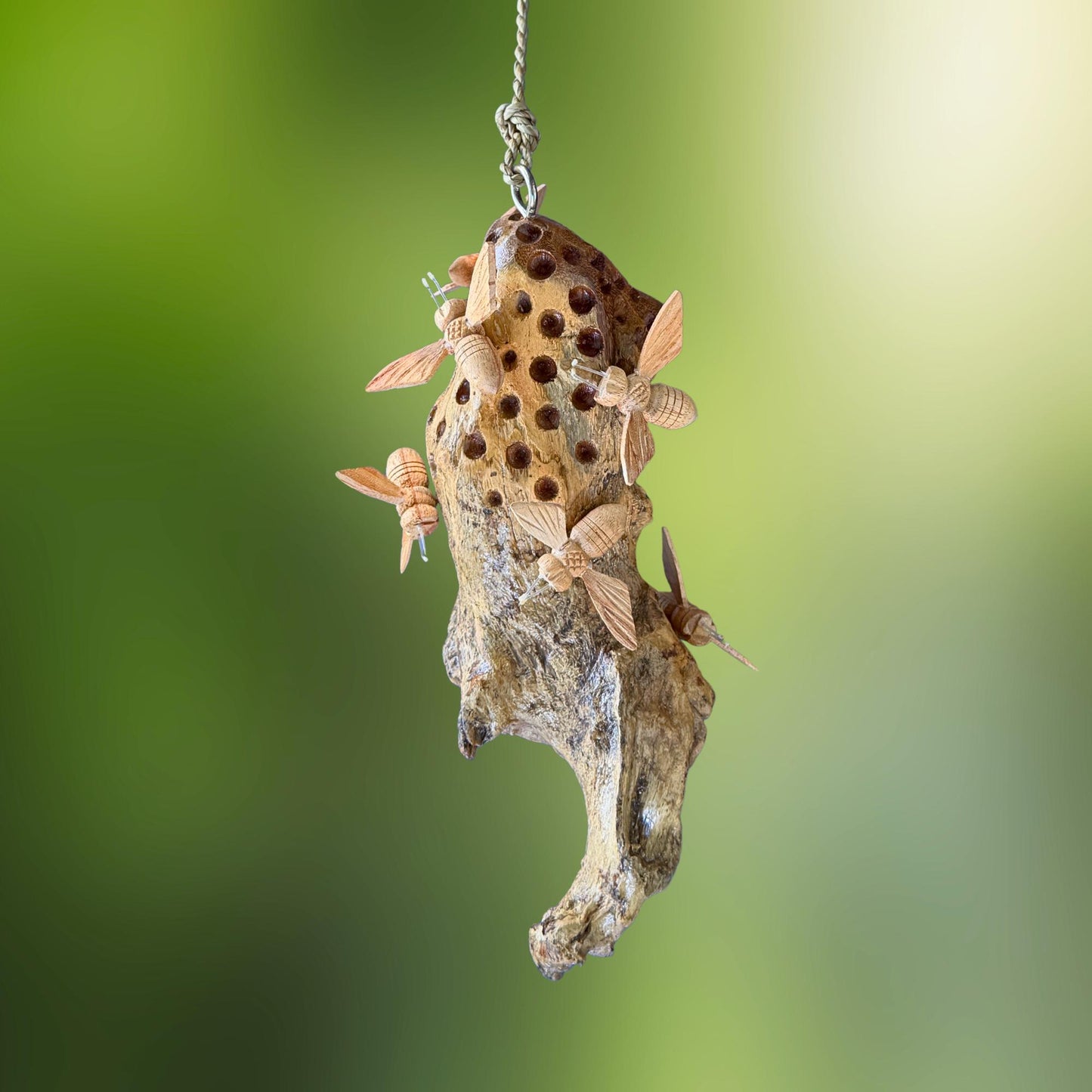 Honey Bee Honeycomb Carved Hanging Mobile - Balinese Parasite Mushroom Wood Honeybee Carving