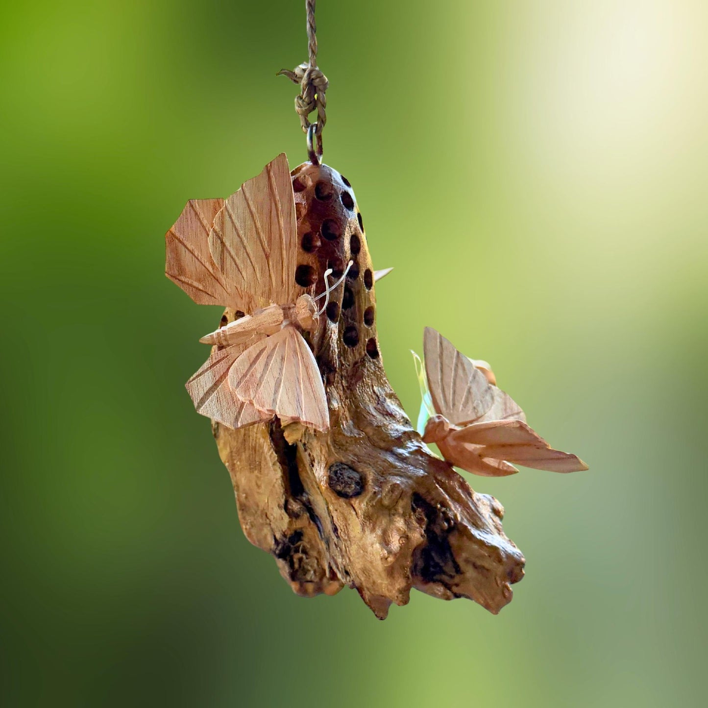 Butterfly Hand Carved Hanging Mobile - Balinese Parasite Mushroom Wood Carving