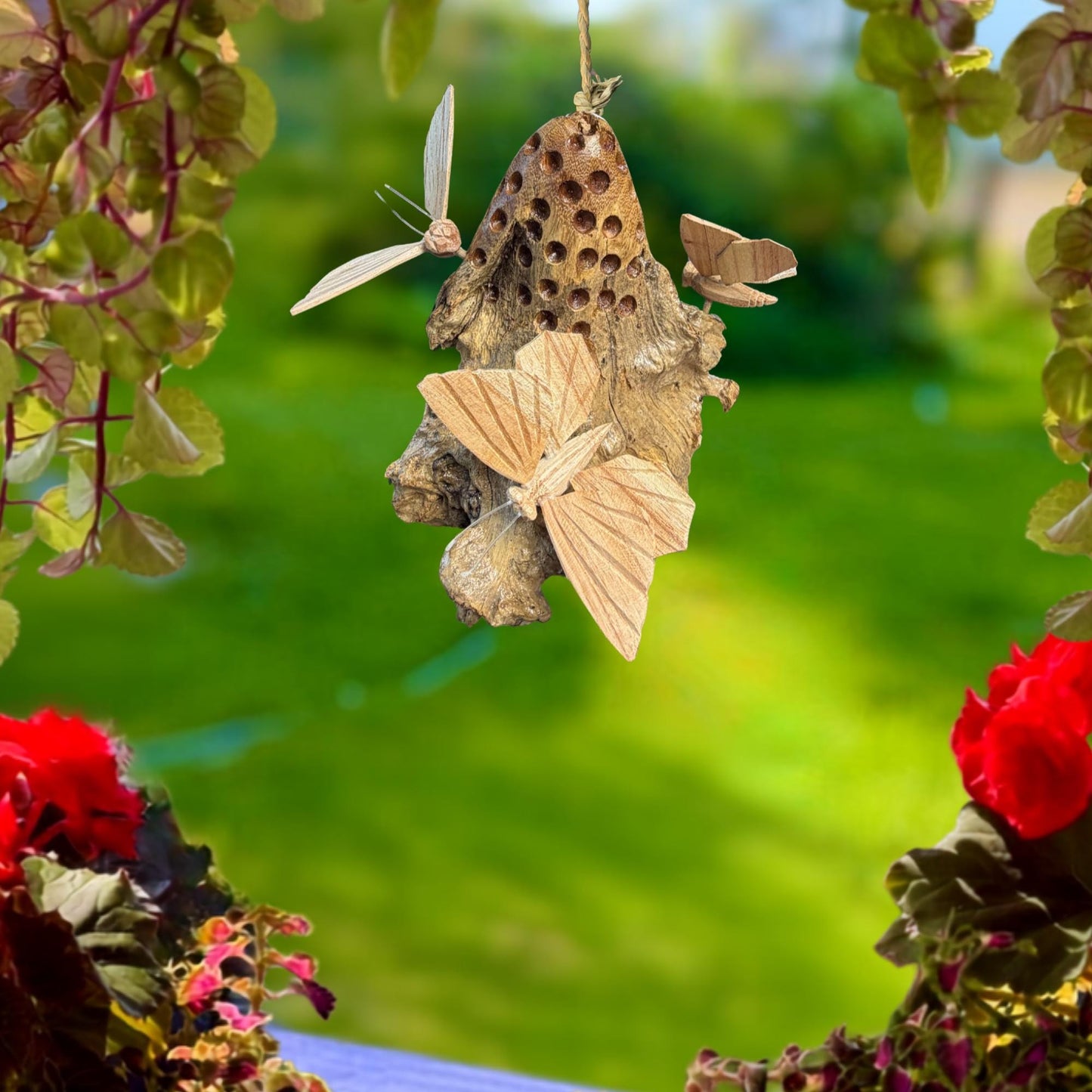 Butterfly Hand Carved Hanging Mobile - Balinese Parasite Mushroom Wood Carving