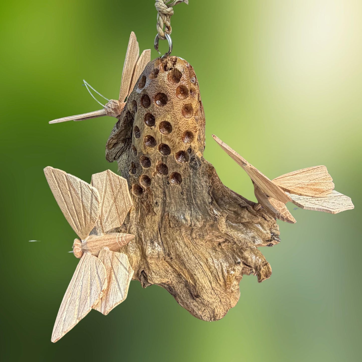 Butterfly Hand Carved Hanging Mobile - Balinese Parasite Mushroom Wood Carving