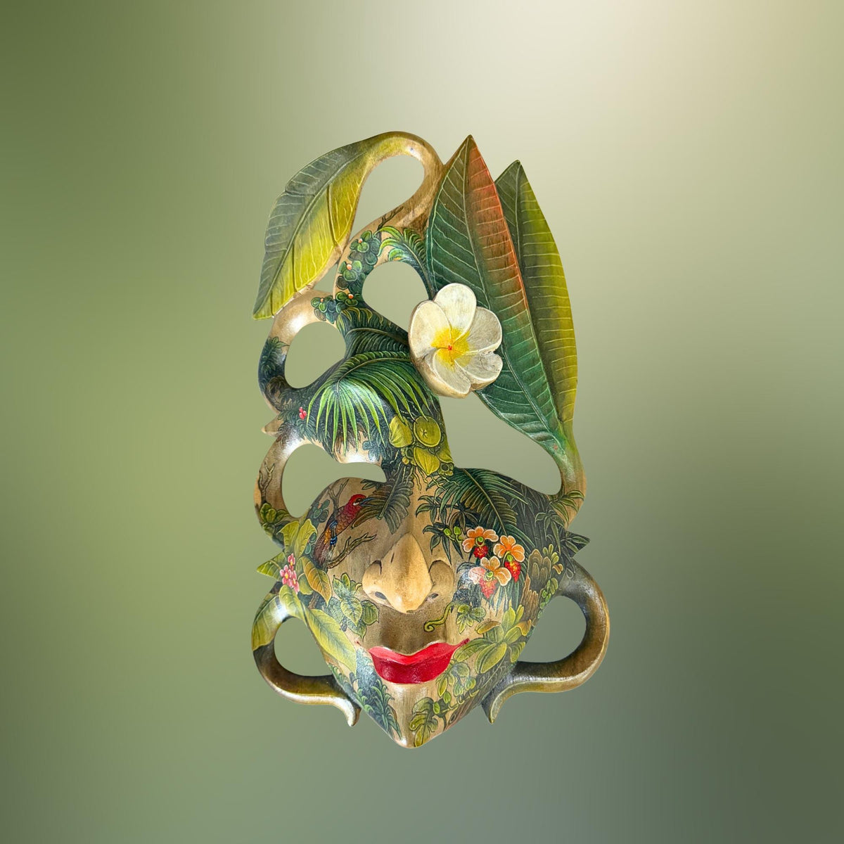 Hand Carved Wood Balinese Frangipani Goddess Mask: Hand-painted Jungle Garden Abstract Carving, Wall Art - Acadia World Traders