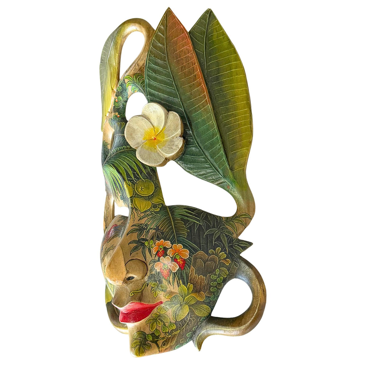 Hand Carved Wood Balinese Frangipani Goddess Mask: Hand-painted Jungle Garden Abstract Carving, Wall Art - Acadia World Traders