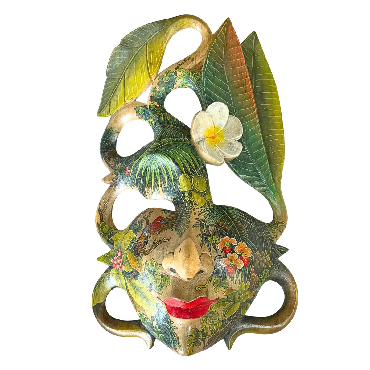 Hand Carved Wood Balinese Frangipani Goddess Mask: Hand-painted Jungle Garden Abstract Carving, Wall Art - Acadia World Traders