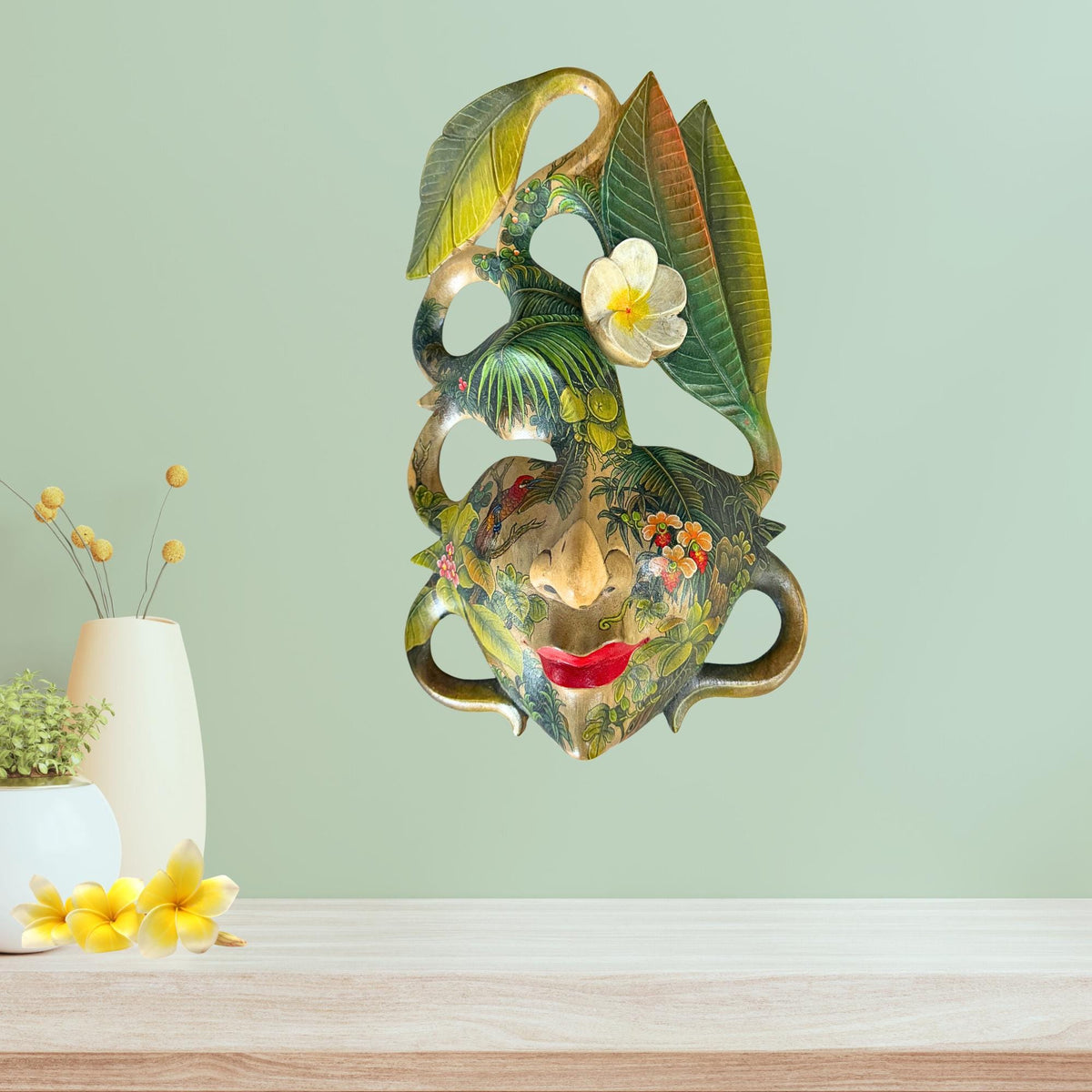 Hand Carved Wood Balinese Frangipani Goddess Mask: Hand-painted Jungle Garden Abstract Carving, Wall Art - Acadia World Traders