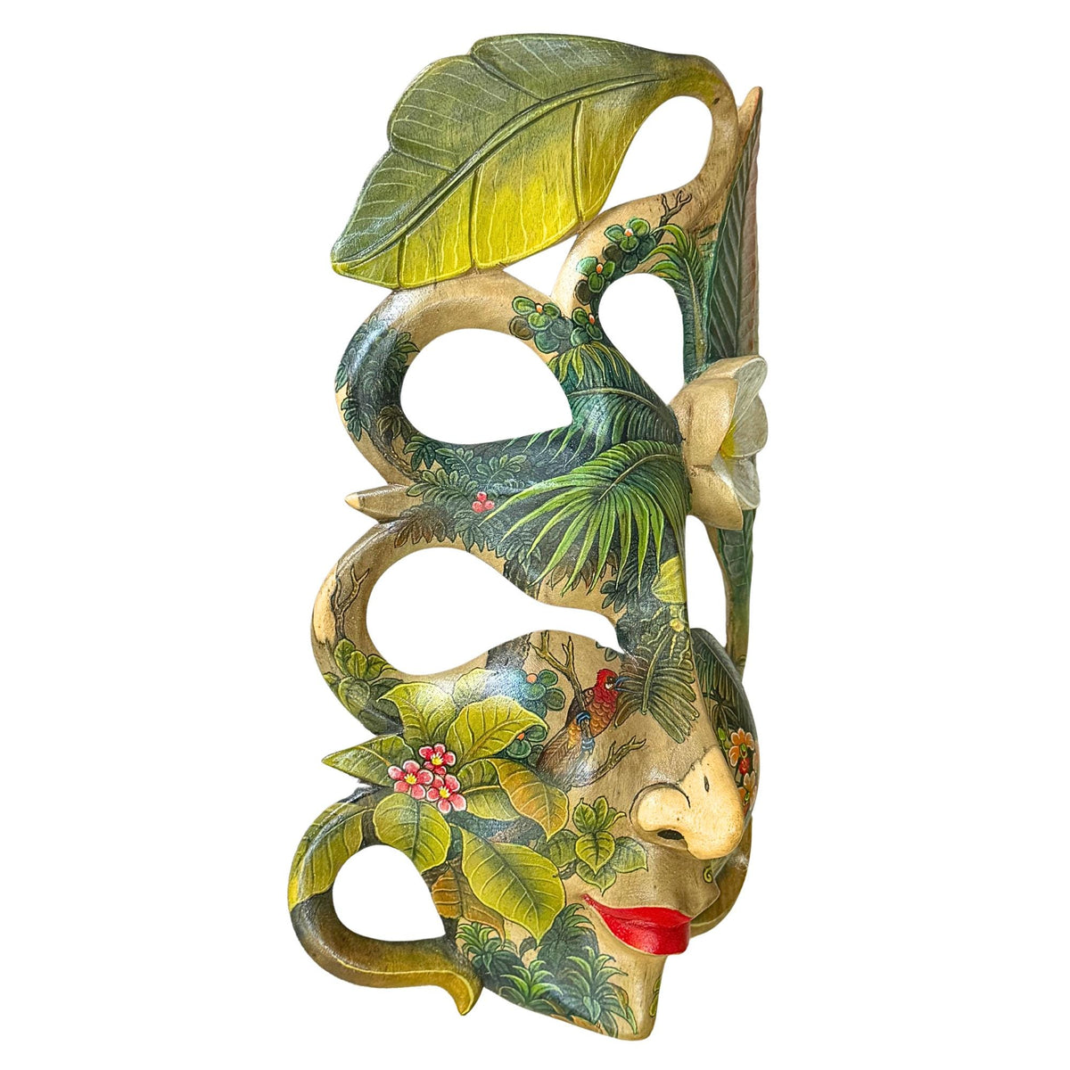 Hand Carved Wood Balinese Frangipani Goddess Mask: Hand-painted Jungle Garden Abstract Carving, Wall Art - Acadia World Traders