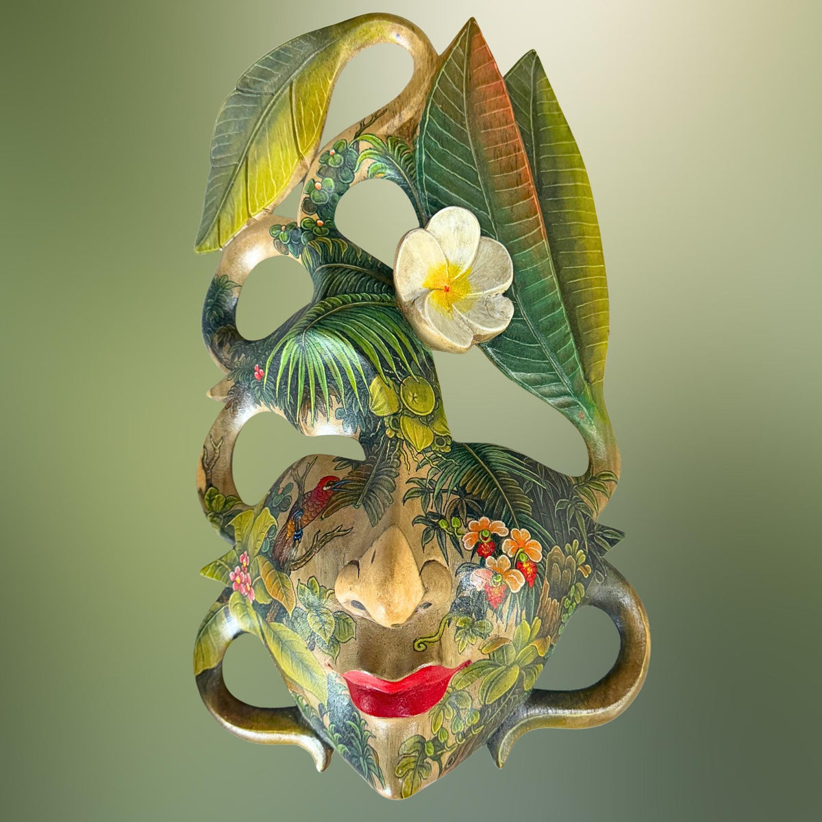 Hand Carved Wood Balinese Frangipani Goddess Mask: Hand-painted Jungle Garden Abstract Carving, Wall Art - Acadia World Traders