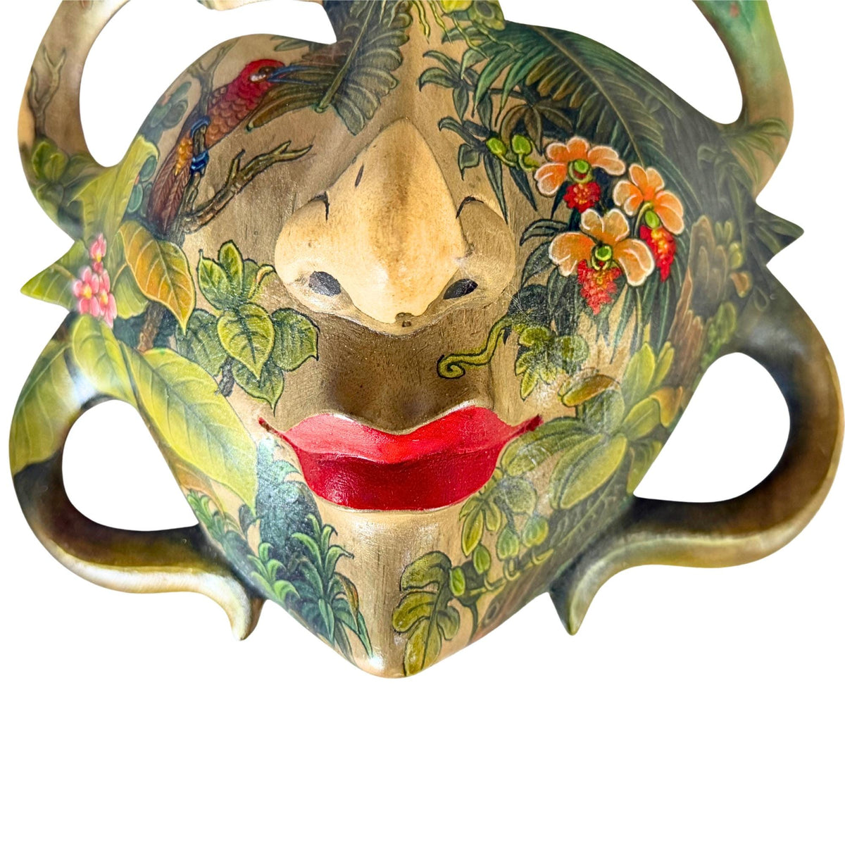 Hand Carved Wood Balinese Frangipani Goddess Mask: Hand-painted Jungle Garden Abstract Carving, Wall Art - Acadia World Traders
