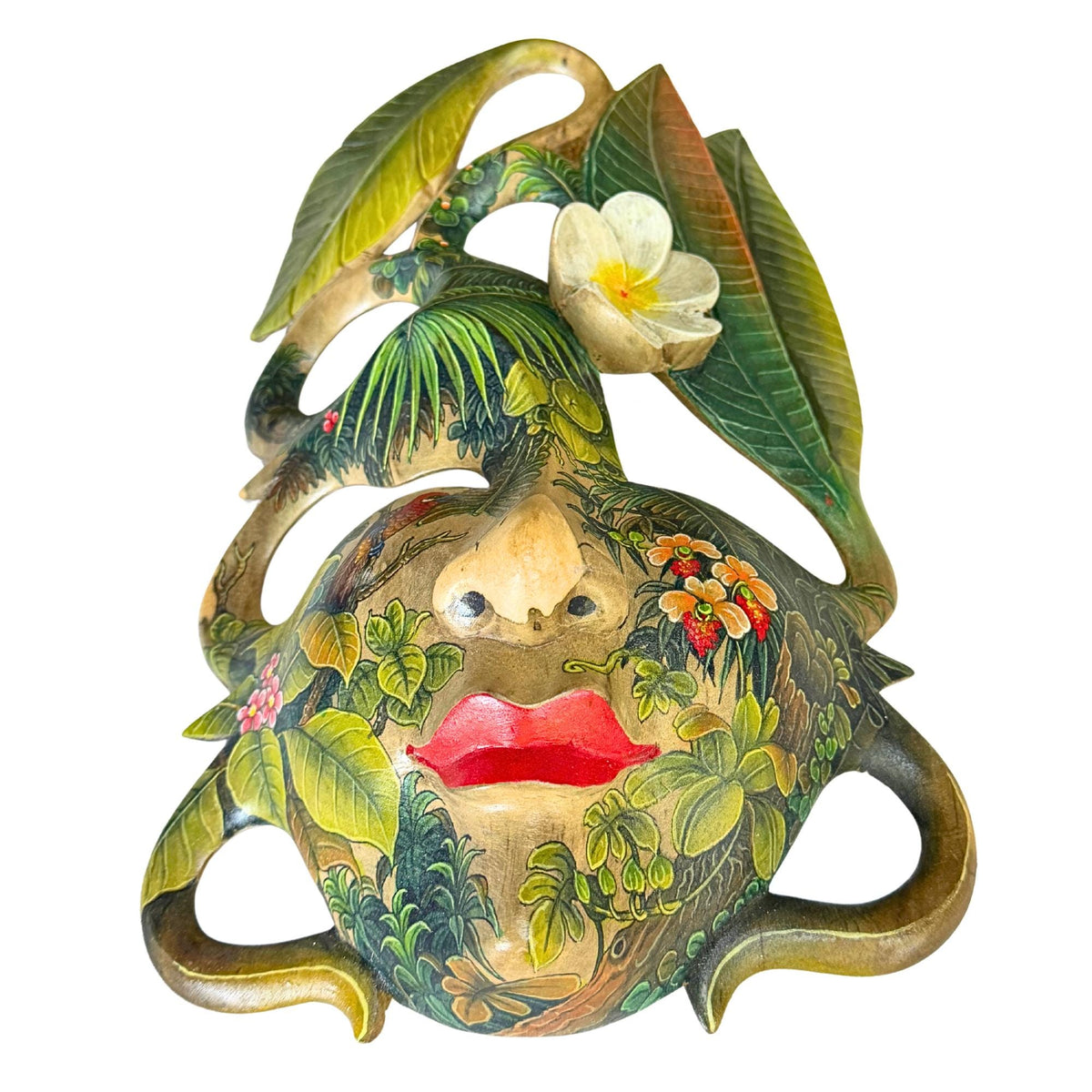 Hand Carved Wood Balinese Frangipani Goddess Mask: Hand-painted Jungle Garden Abstract Carving, Wall Art - Acadia World Traders