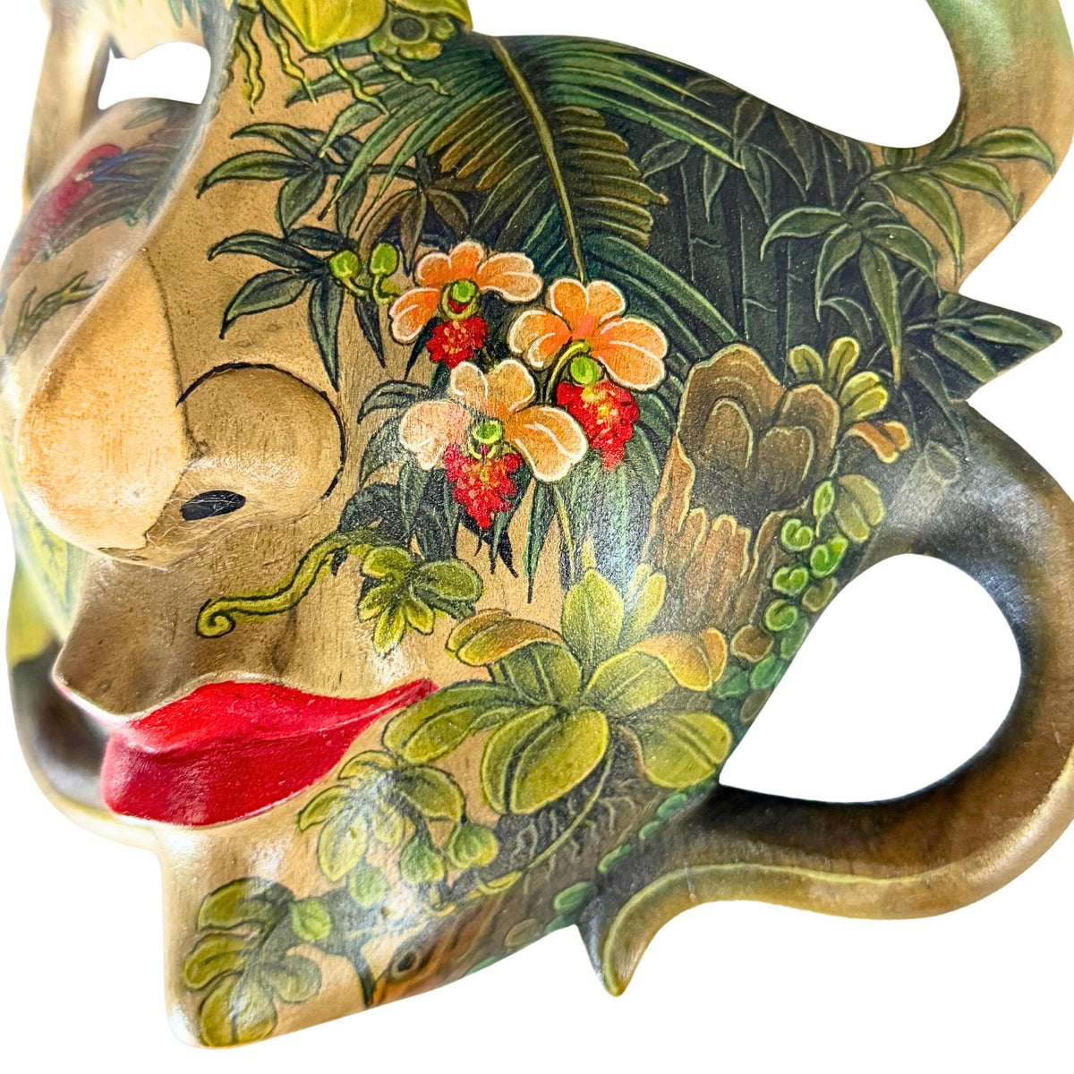 Hand Carved Wood Balinese Frangipani Goddess Mask: Hand-painted Jungle Garden Abstract Carving, Wall Art - Acadia World Traders