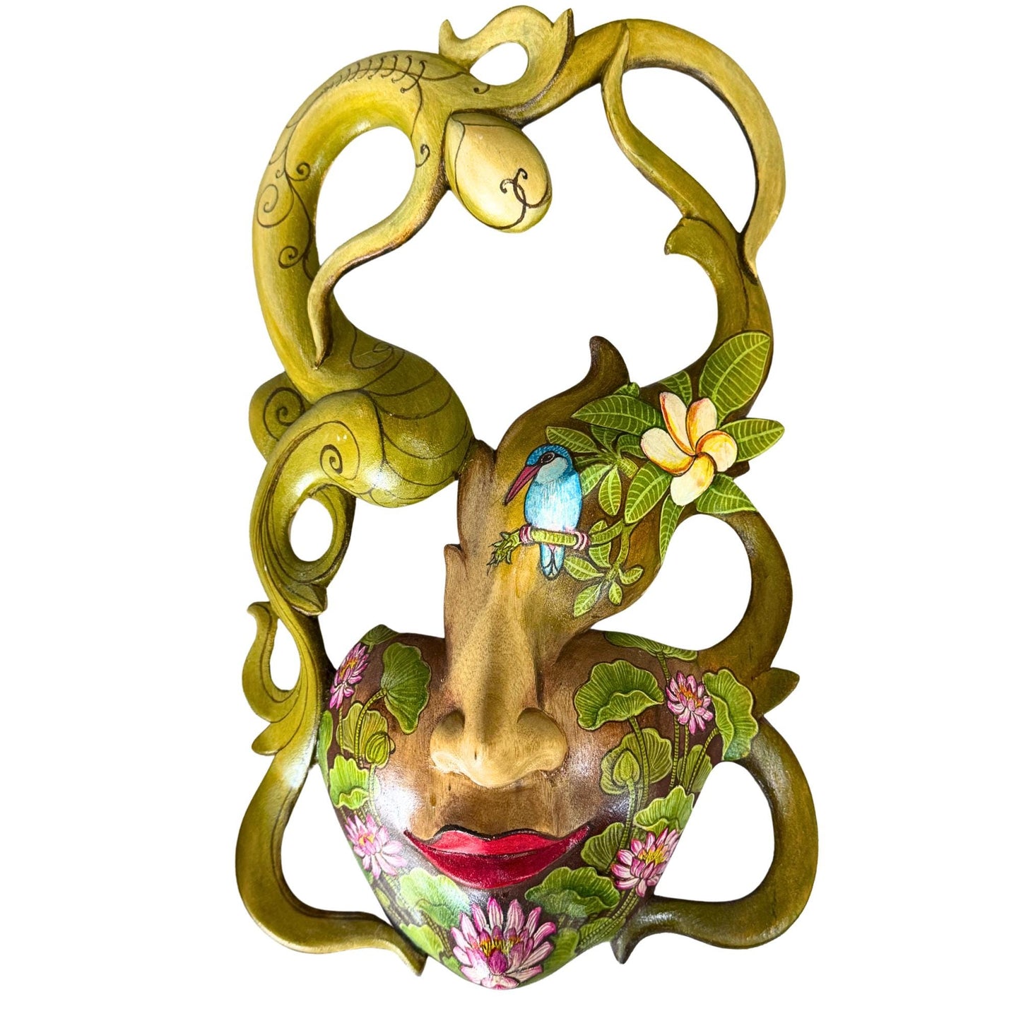 Hand Carved Wood Balinese Tattoo Dancer Mask: Hand-painted Abstract Carving, Wall Art