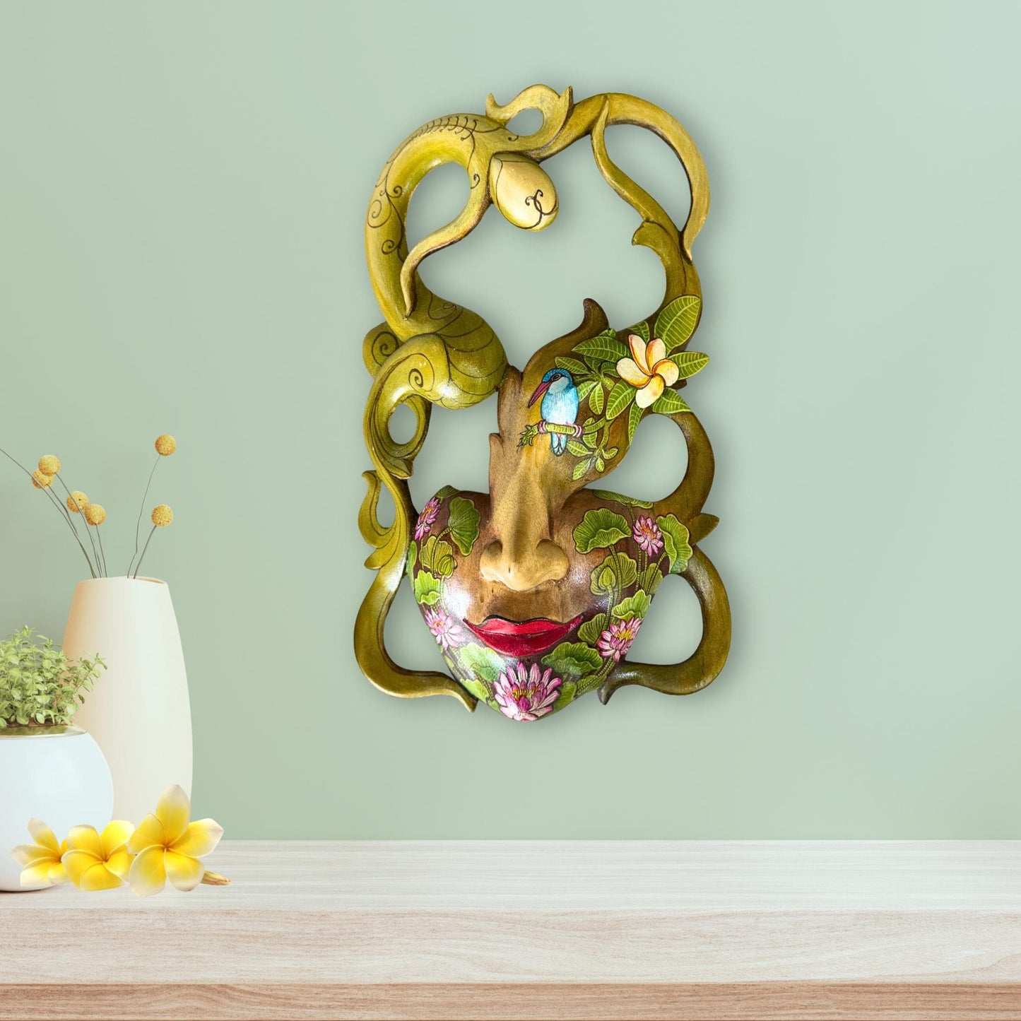 Hand Carved Wood Balinese Tattoo Dancer Mask: Hand-painted Abstract Carving, Wall Art