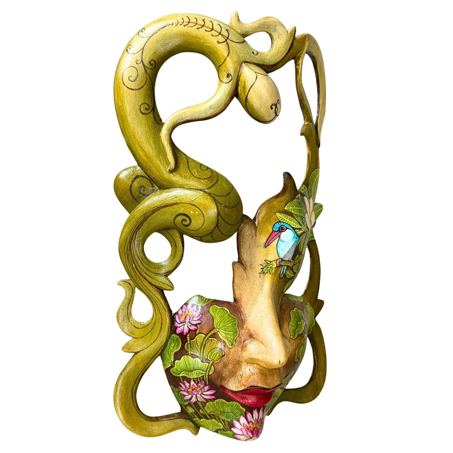 Hand Carved Wood Balinese Tattoo Dancer Mask: Hand-painted Abstract Carving, Wall Art