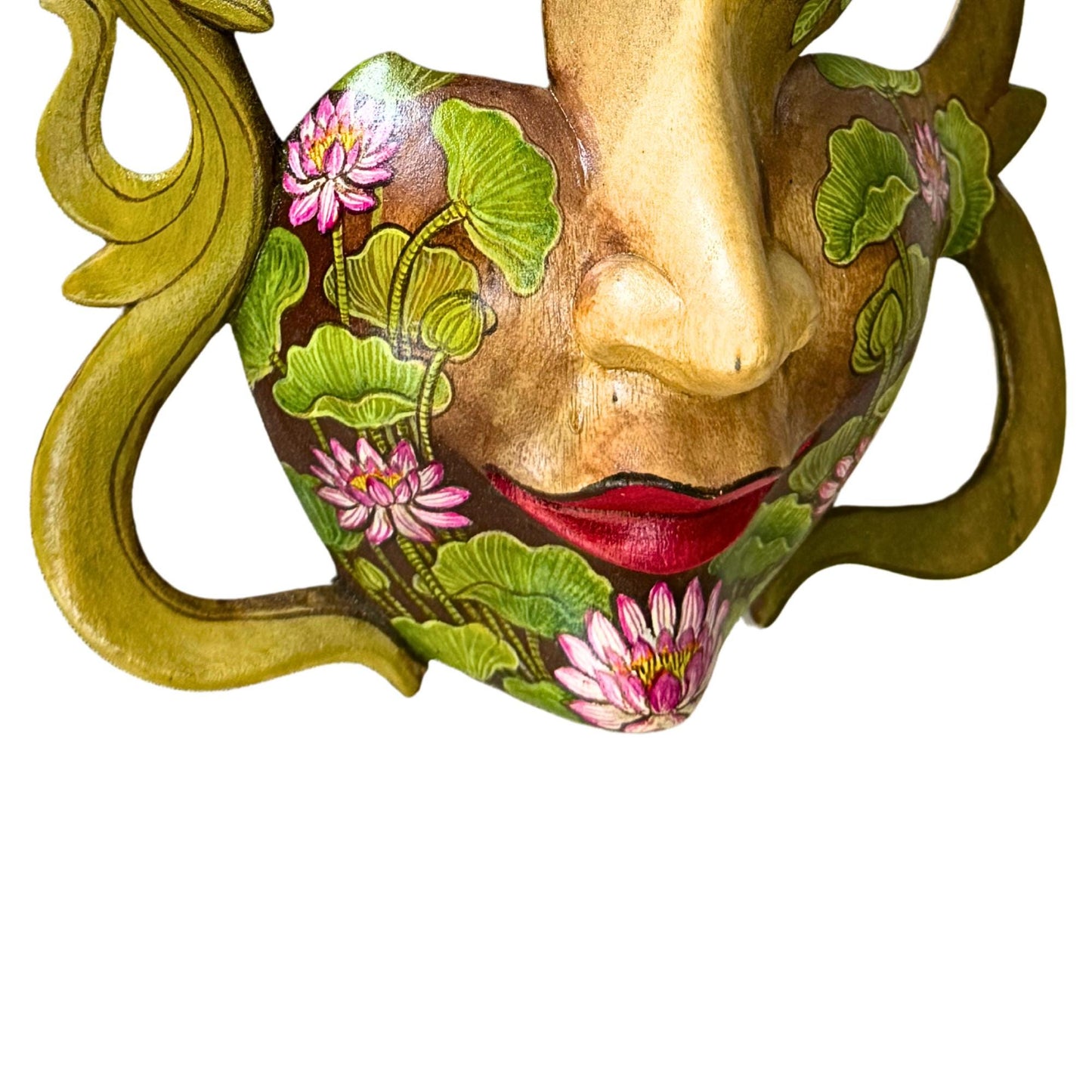 Hand Carved Wood Balinese Tattoo Dancer Mask: Hand-painted Abstract Carving, Wall Art