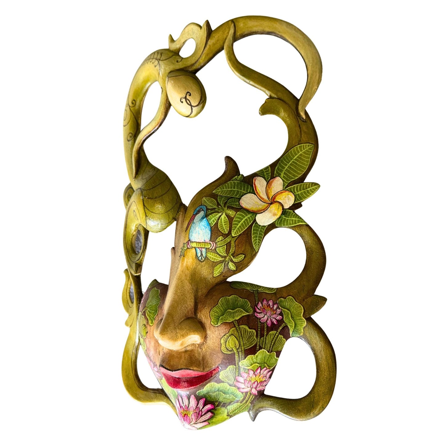 Hand Carved Wood Balinese Tattoo Dancer Mask: Hand-painted Abstract Carving, Wall Art