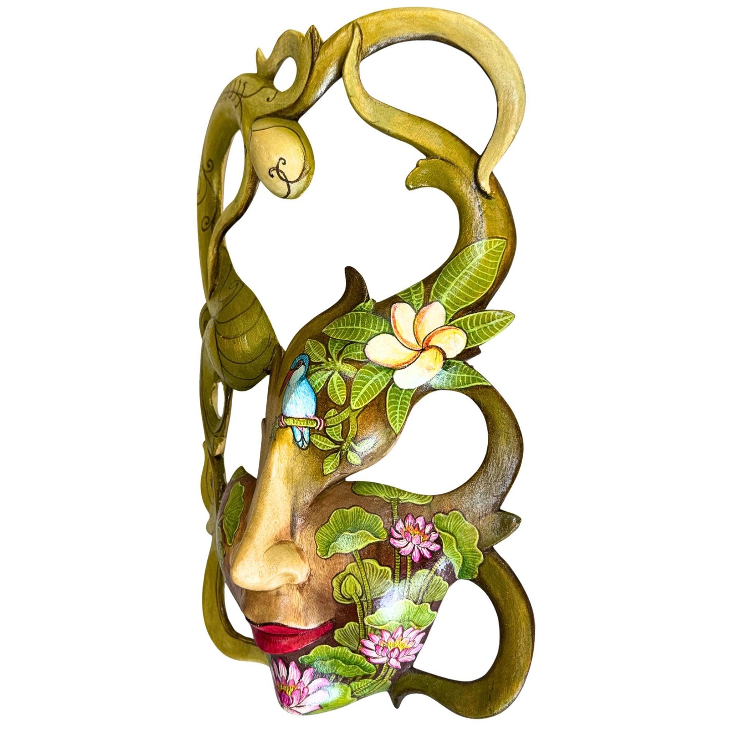 Hand Carved Wood Balinese Tattoo Dancer Mask: Hand-painted Abstract Carving, Wall Art