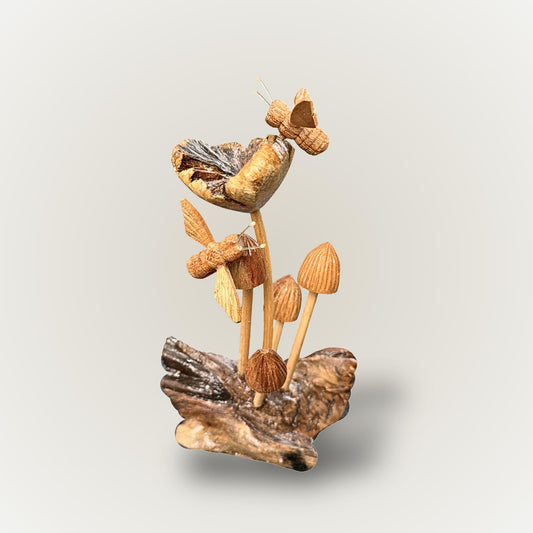 Forest Mushroom Honey Bee Carving | Handmade Balinese Art Sculpture | Unique Woodland Decor & Cottagecore Accent - Acadia World Traders