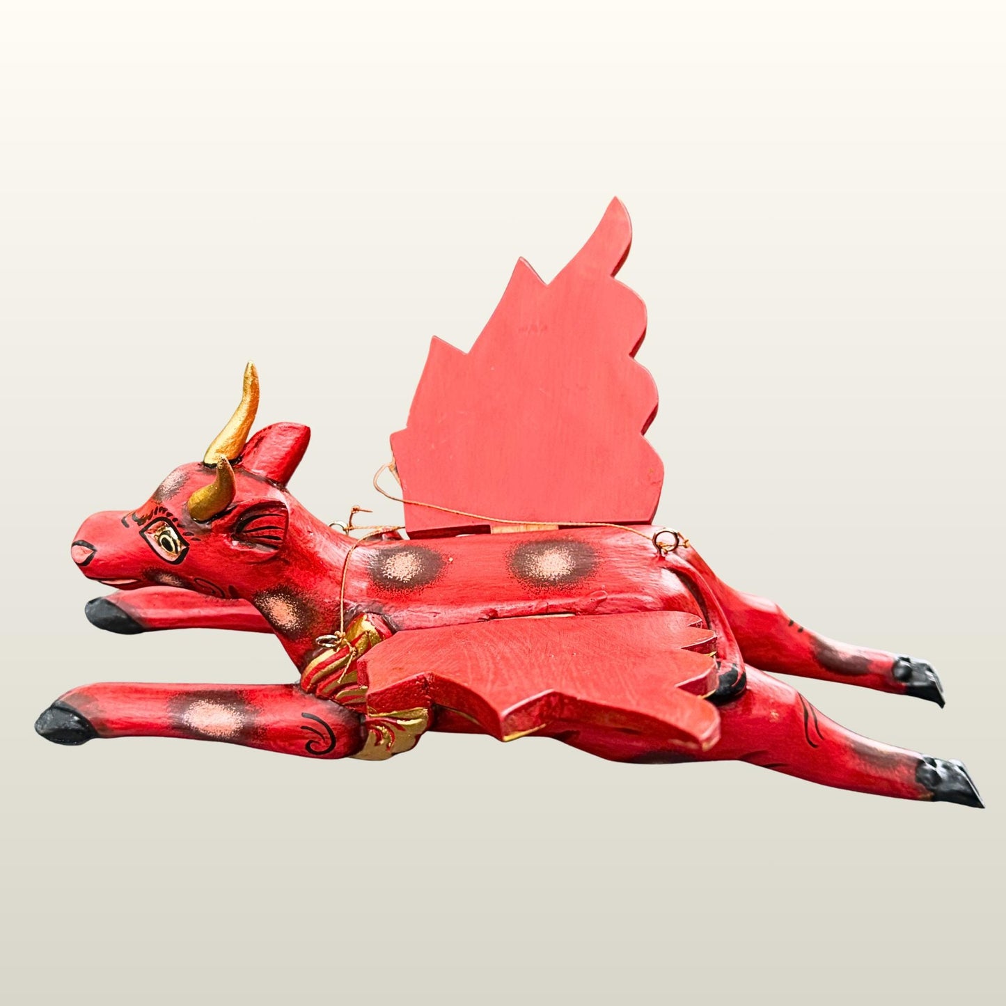Flying Red Bull Balinese Spirit Chaser Mobile: Hand-Carved Wood Boho Decor, Folk Art