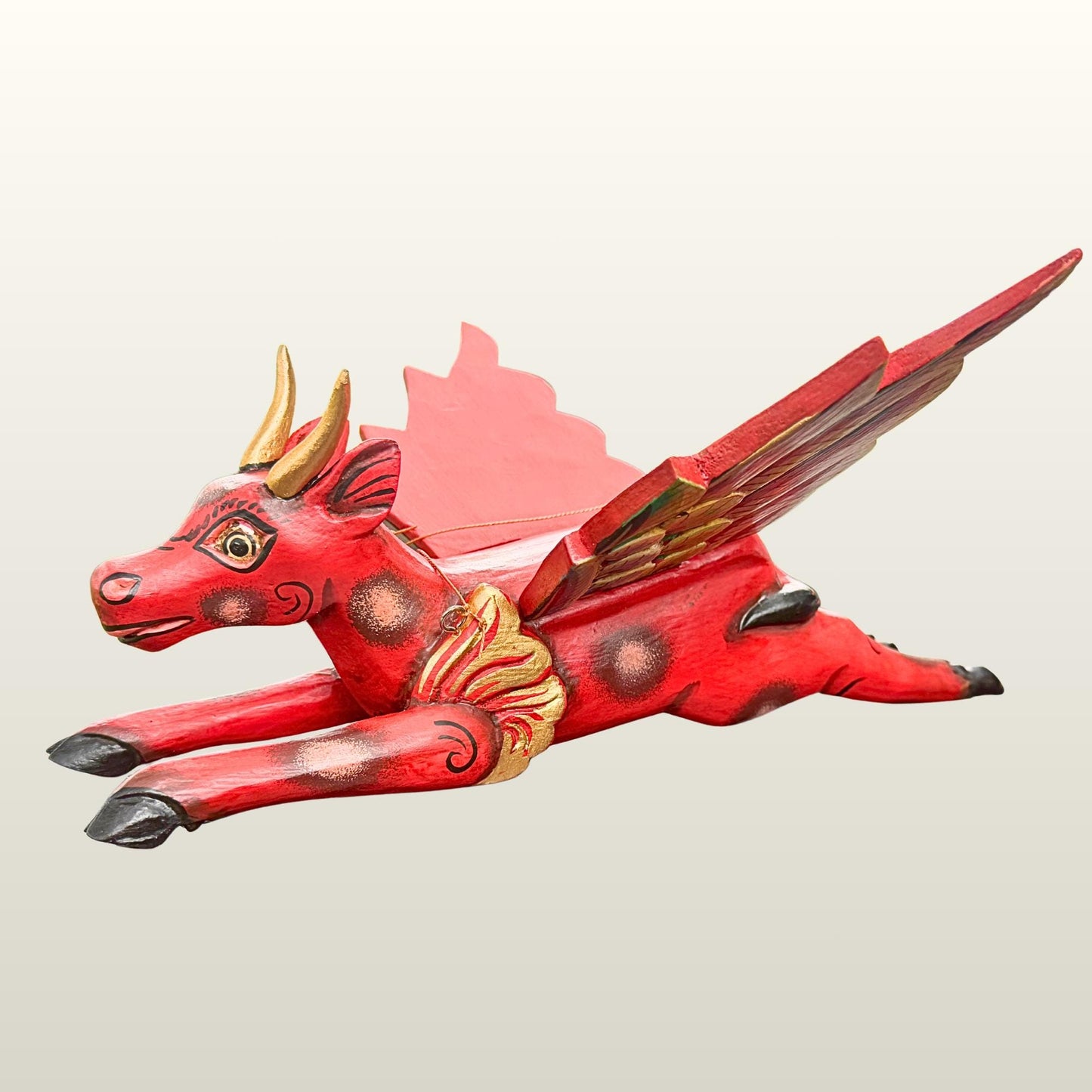 Flying Red Bull Balinese Spirit Chaser Mobile: Hand-Carved Wood Boho Decor, Folk Art