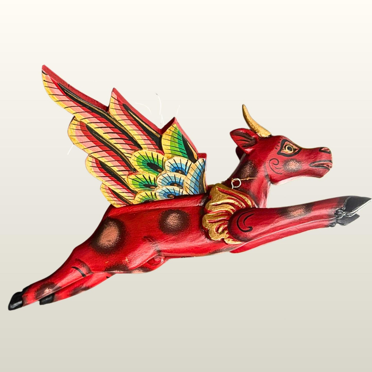 Flying Red Bull Balinese Spirit Chaser Mobile: Hand-Carved Wood Boho Decor, Folk Art