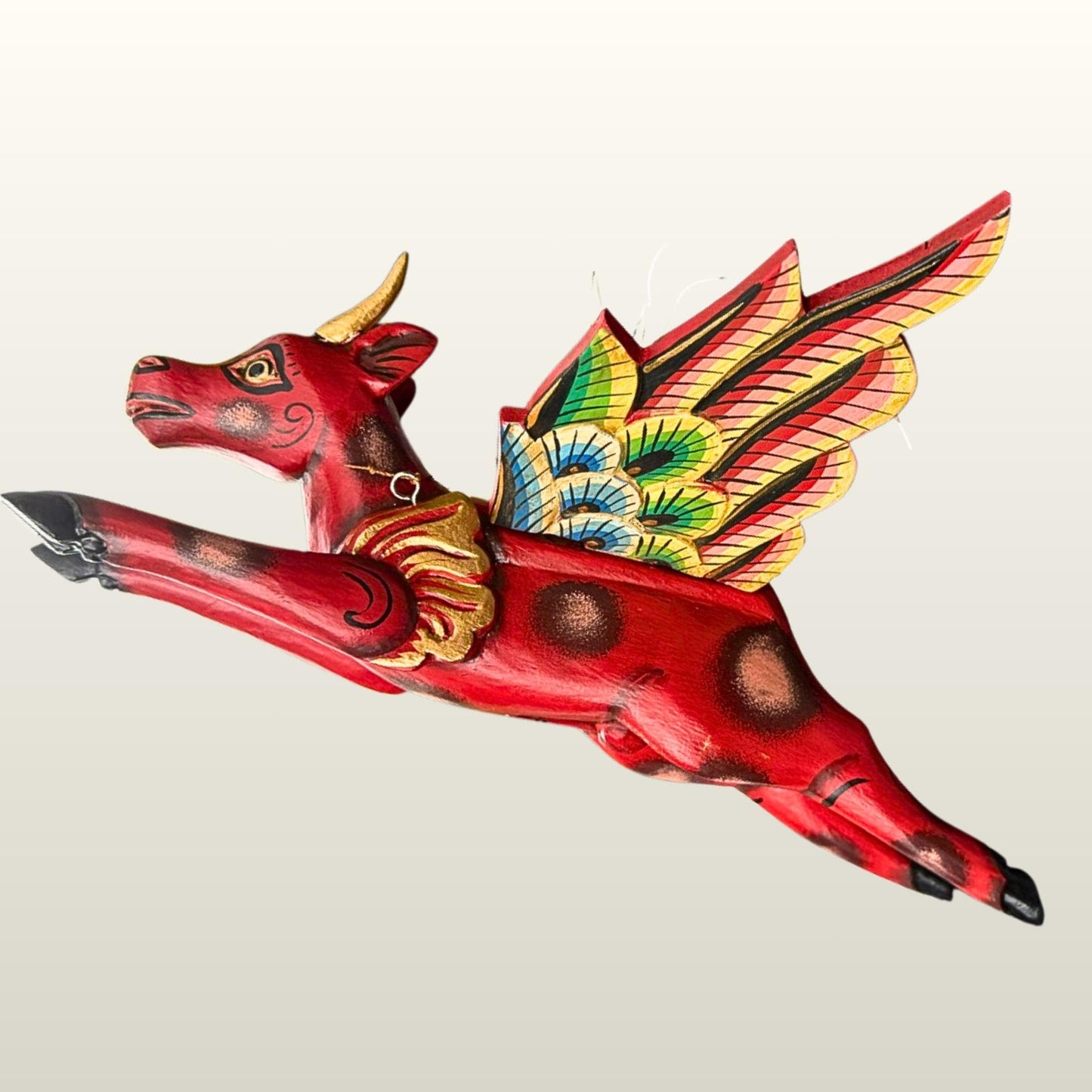 Flying Red Bull Balinese Spirit Chaser Mobile: Hand-Carved Wood Boho Decor, Folk Art