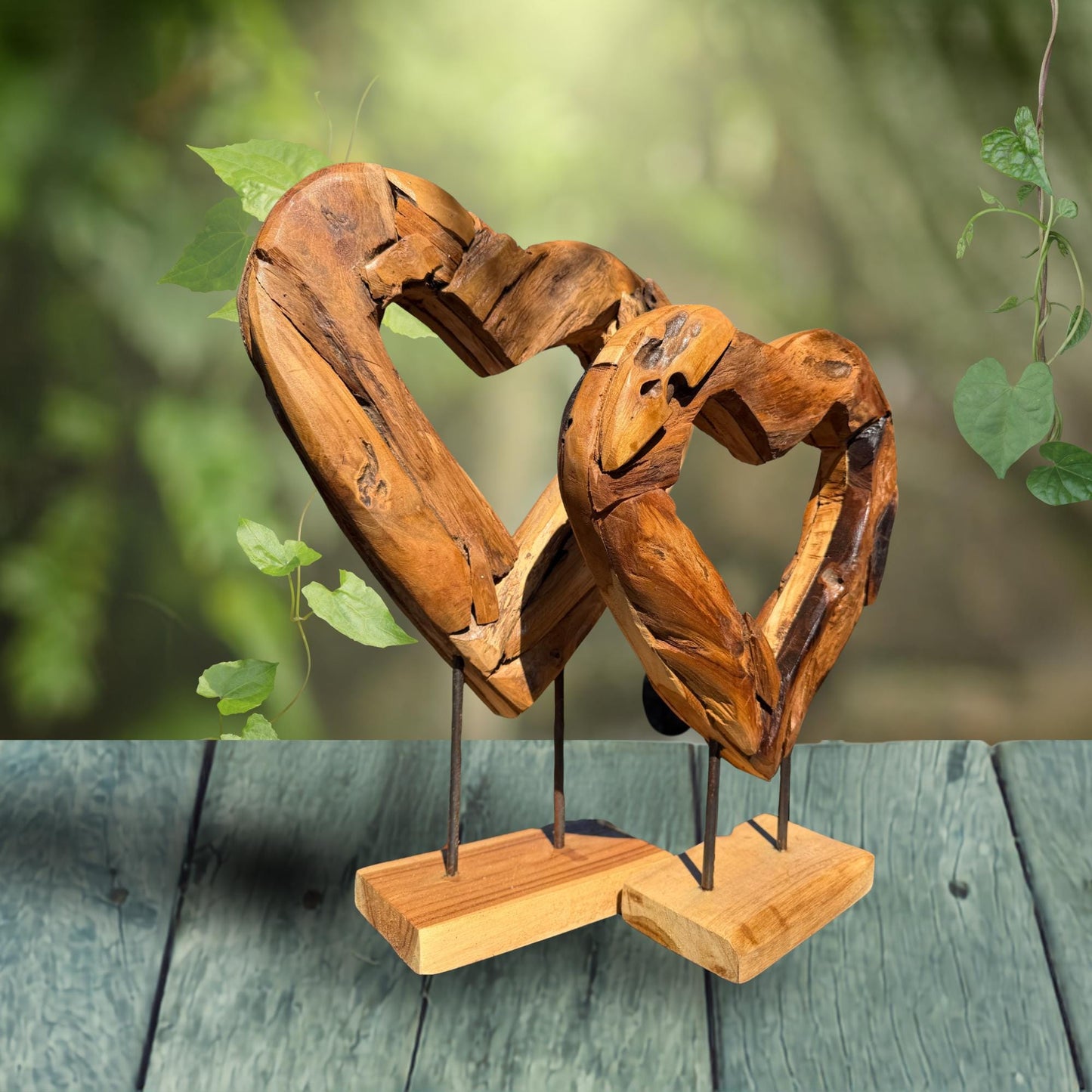 Rustic Reclaimed Teak Wood Heart Statue:  Outdoor Garden Decor