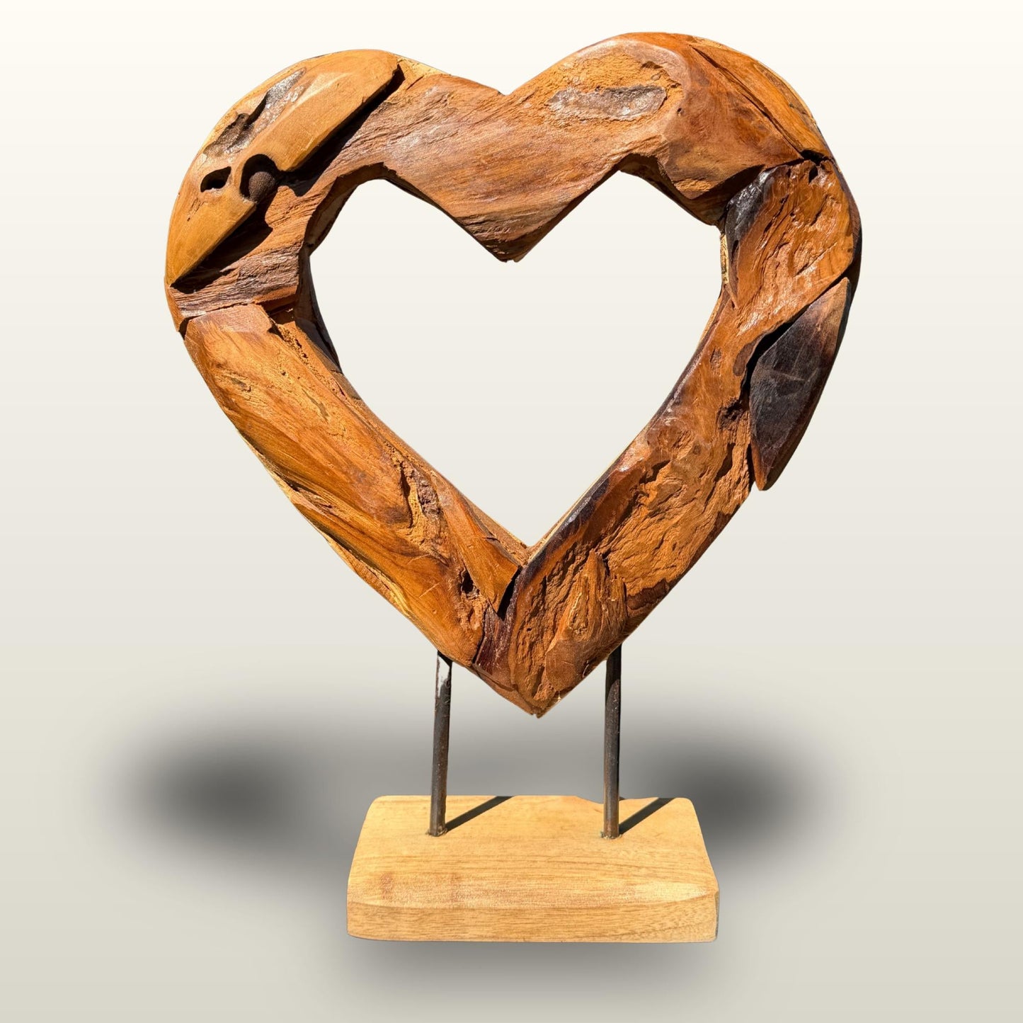 Rustic Reclaimed Teak Wood Heart Statue:  Outdoor Garden Decor