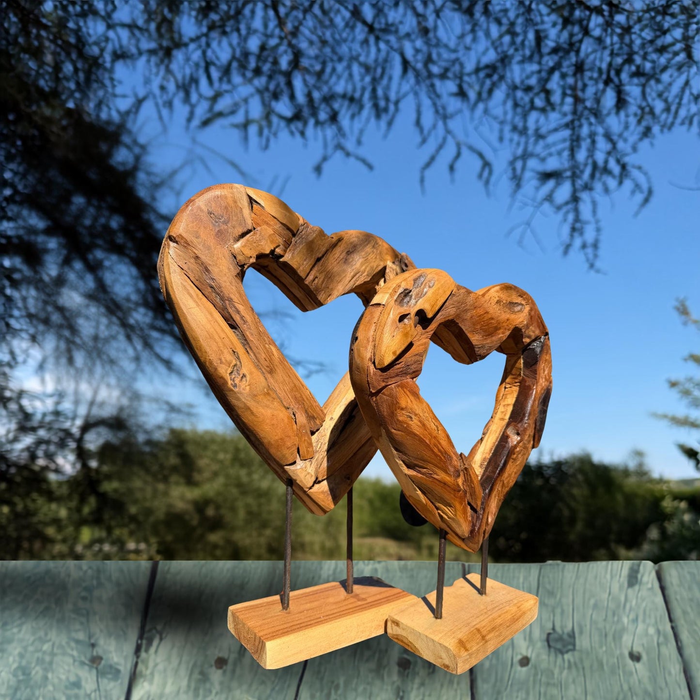 Rustic Reclaimed Teak Wood Heart Statue:  Outdoor Garden Decor