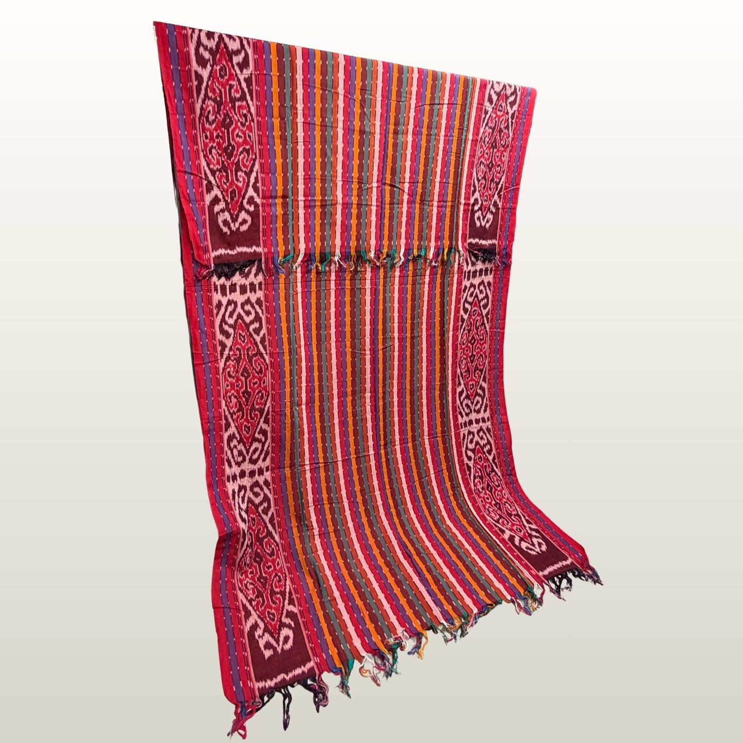 Hand woven Coral red Ikat Cotton Tapestry: Hand Loomed Indonesian Blanket (45x90)