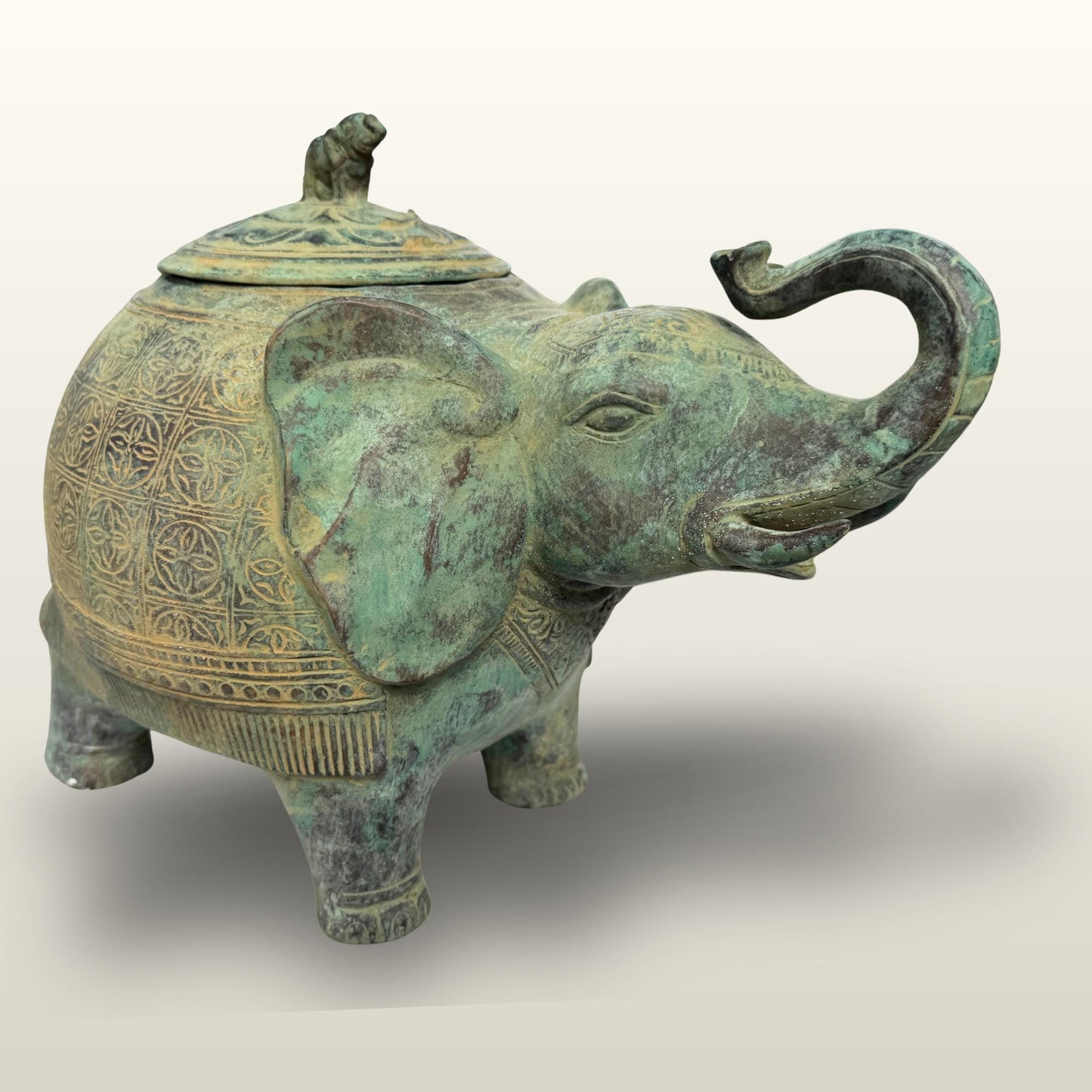 Indonesian Bronze Elephant Figure: Betel Nut Medicine Container , Vintage Verdigris Patina Folk Art