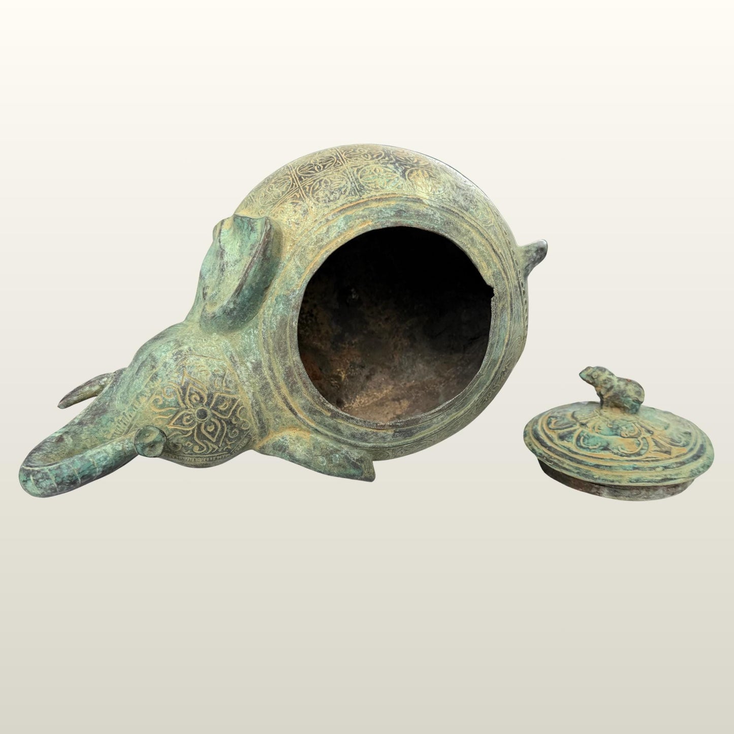 Indonesian Bronze Elephant Figure: Betel Nut Medicine Container , Vintage Verdigris Patina Folk Art
