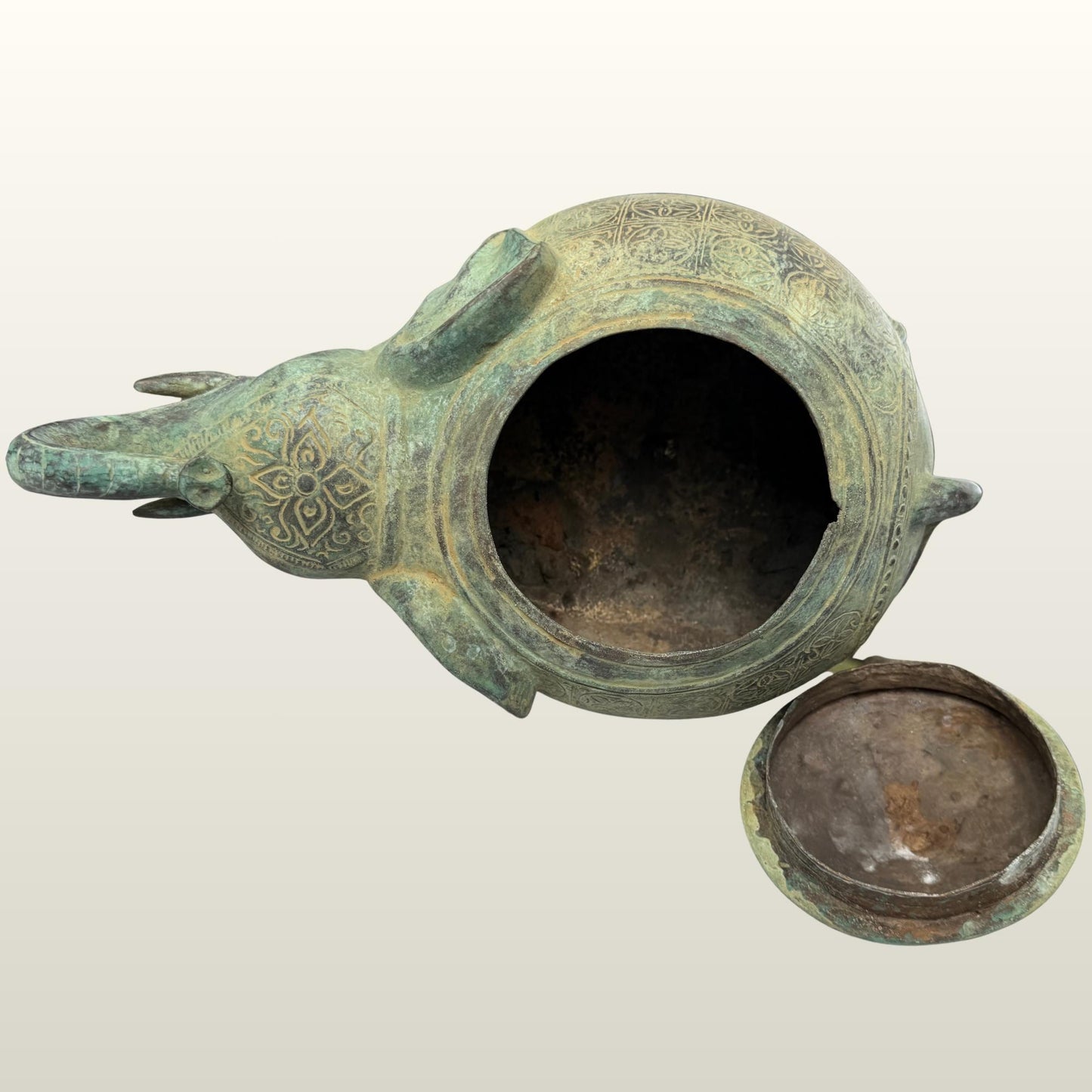 Indonesian Bronze Elephant Figure: Betel Nut Medicine Container , Vintage Verdigris Patina Folk Art