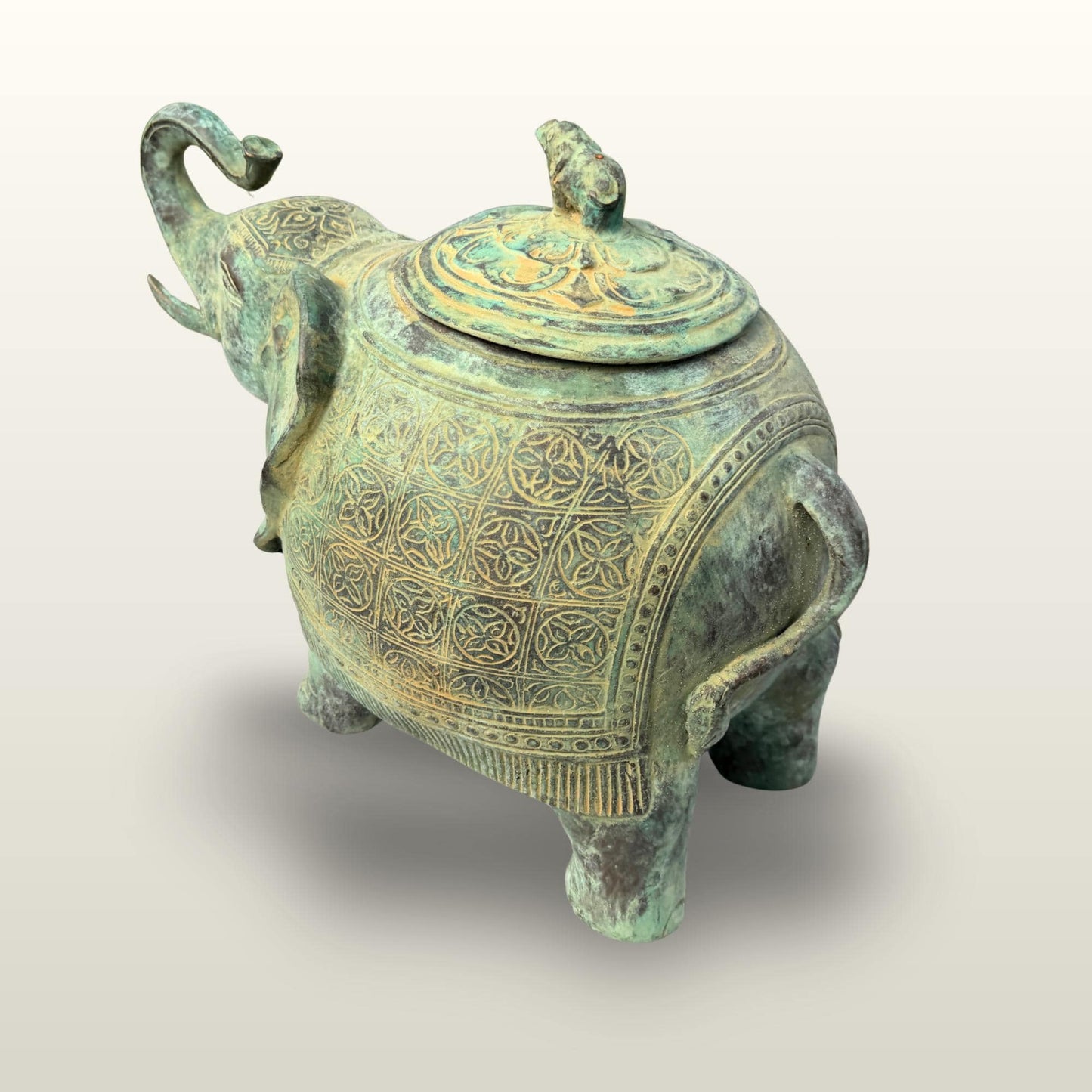 Indonesian Bronze Elephant Figure: Betel Nut Medicine Container , Vintage Verdigris Patina Folk Art