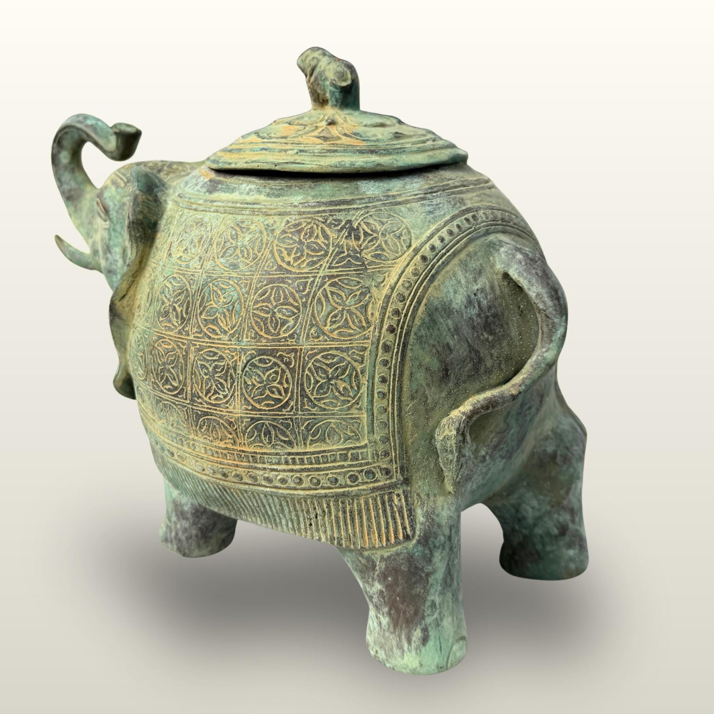Indonesian Bronze Elephant Figure: Betel Nut Medicine Container , Vintage Verdigris Patina Folk Art