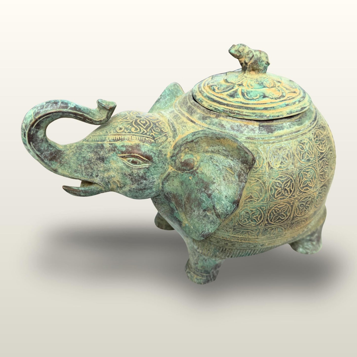 Indonesian Bronze Elephant Figure: Betel Nut Medicine Container , Vintage Verdigris Patina Folk Art