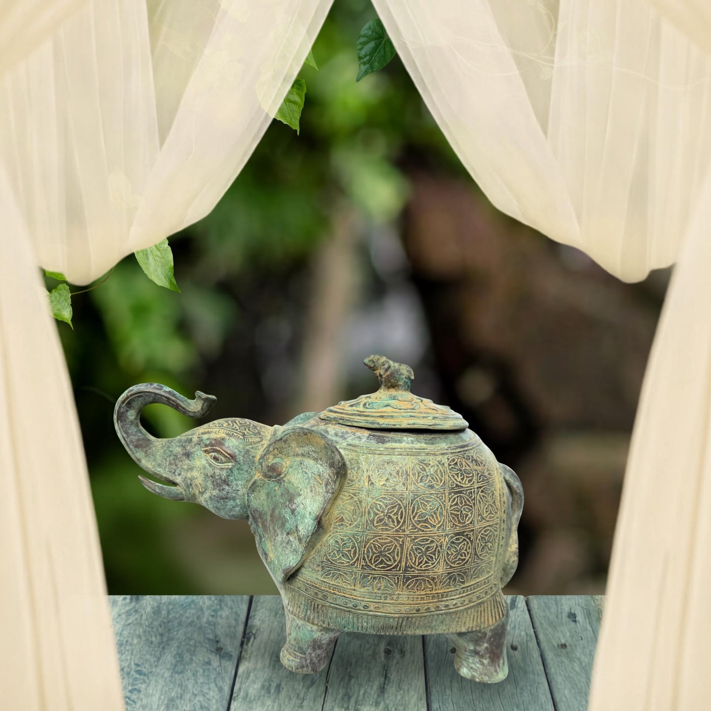 Indonesian Bronze Elephant Figure: Betel Nut Medicine Container , Vintage Verdigris Patina Folk Art