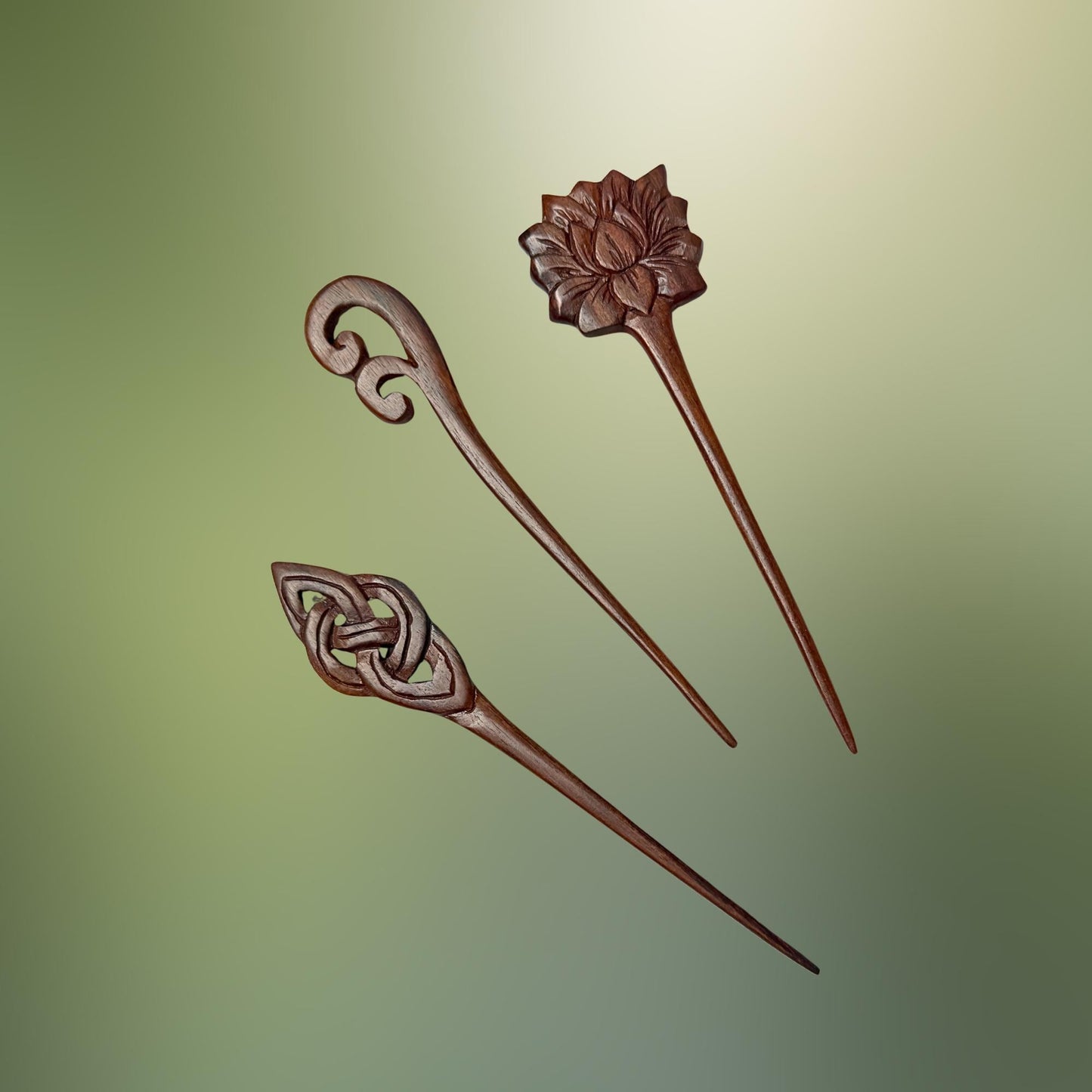 Carved Wooden Hair Pick Stick;  Balinese Wood Hair Jewelry, Lotus, Celtic Knot, Fern Tip