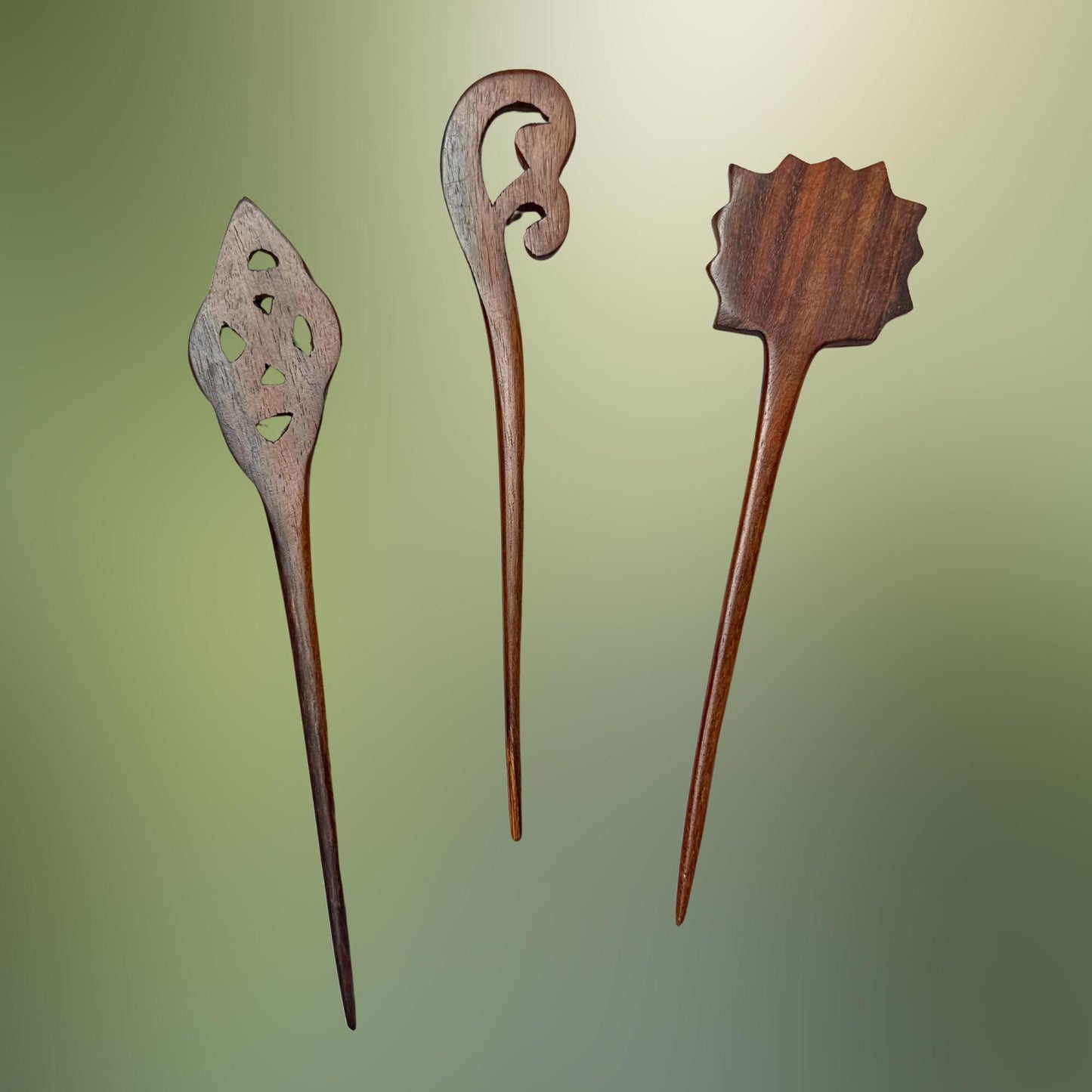 Carved Wooden Hair Pick Stick;  Balinese Wood Hair Jewelry, Lotus, Celtic Knot, Fern Tip