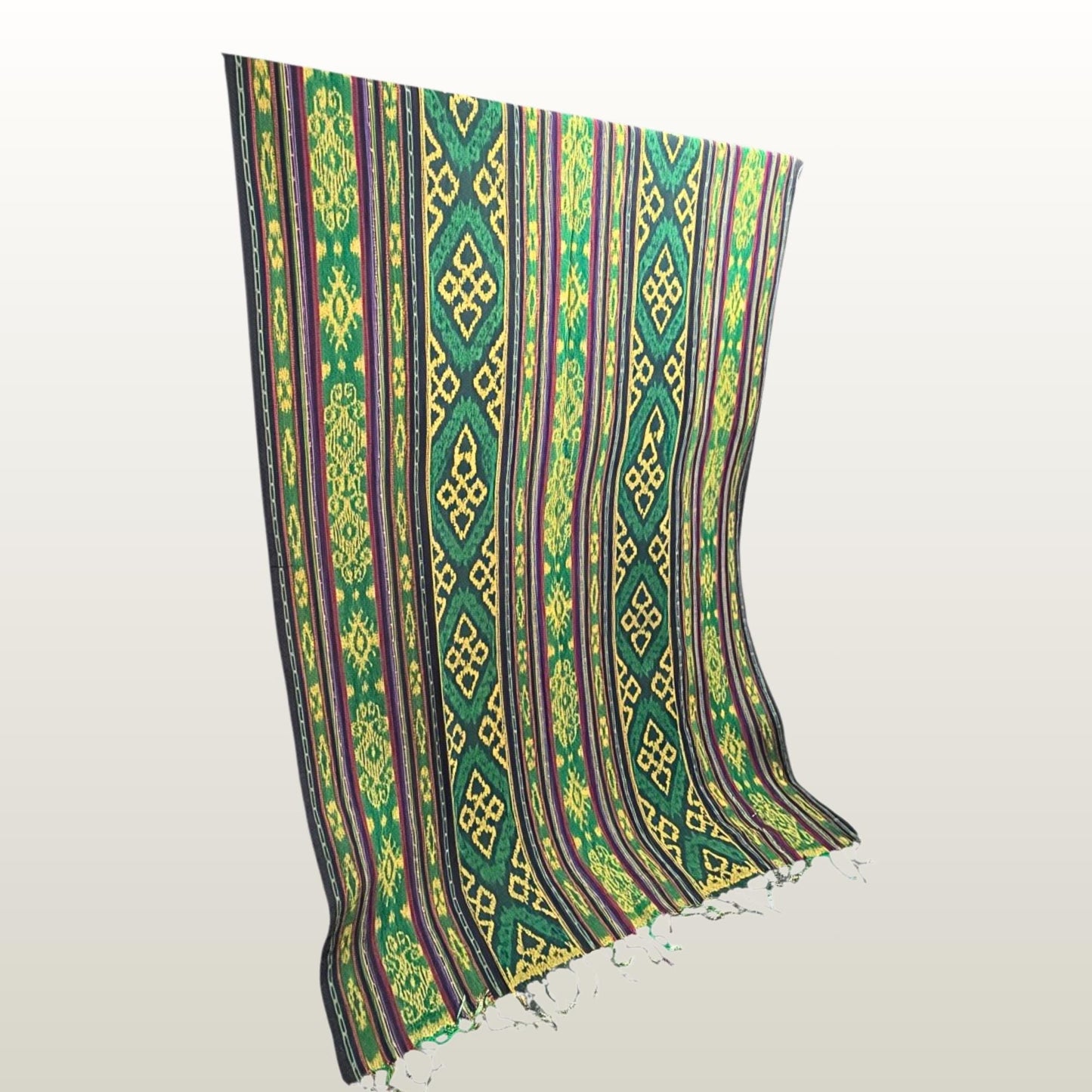 Hand woven Green Ikat Cotton Tapestry: Hand Loomed Indonesian Blanket (45x90)
