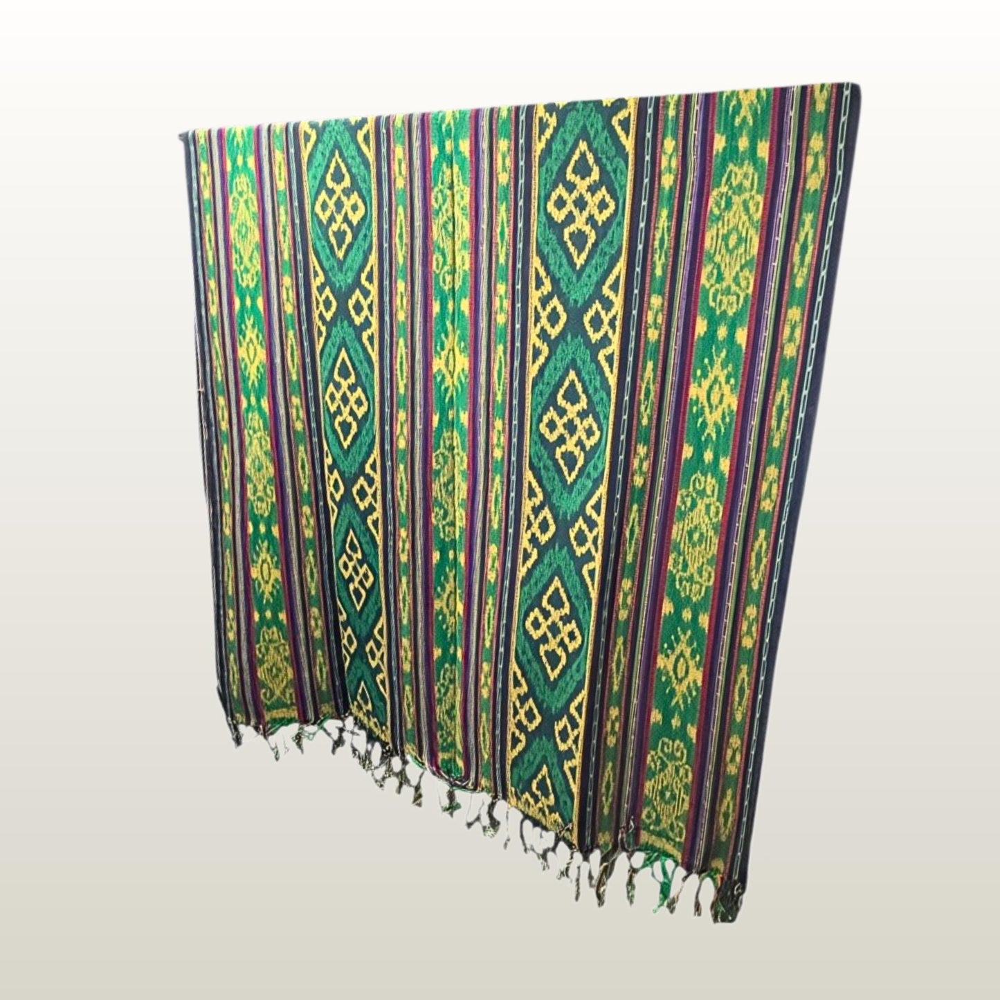 Hand woven Green Ikat Cotton Tapestry: Hand Loomed Indonesian Blanket (45x90)