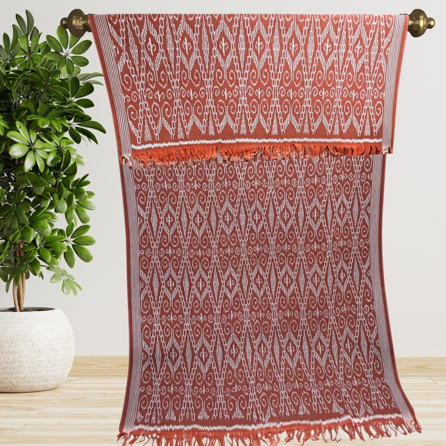 Hand woven Terracotta Ikat Cotton Tapestry: Hand Loomed Indonesian Blanket (45x90)