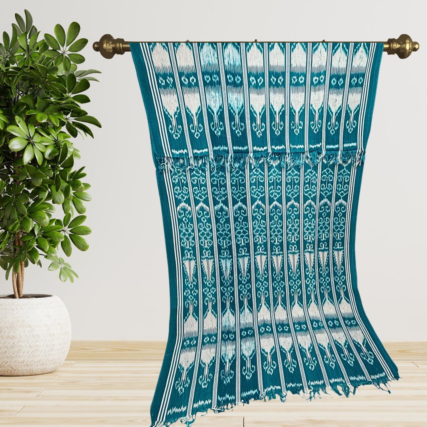 Hand woven Teal Ikat Cotton Tapestry: Hand Loomed Indonesian Blanket (45x90)