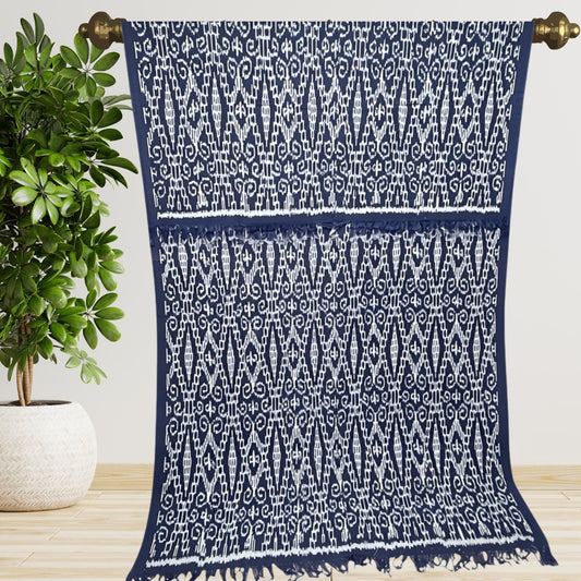 Hand woven Navy Blue Ikat Cotton Tapestry: Hand Loomed Indonesian Blanket (45x90) - Acadia World Traders